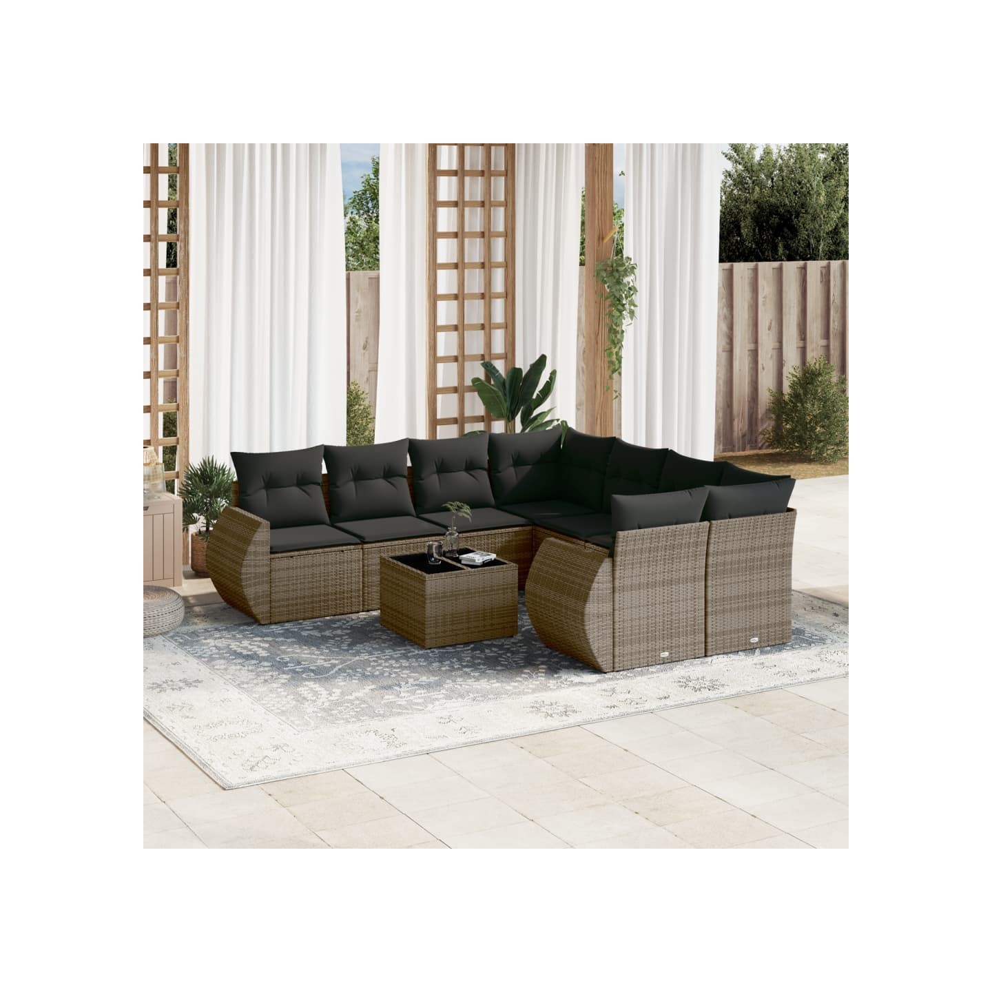 Salon de jardin 9 pcs avec coussins gris résine tressée