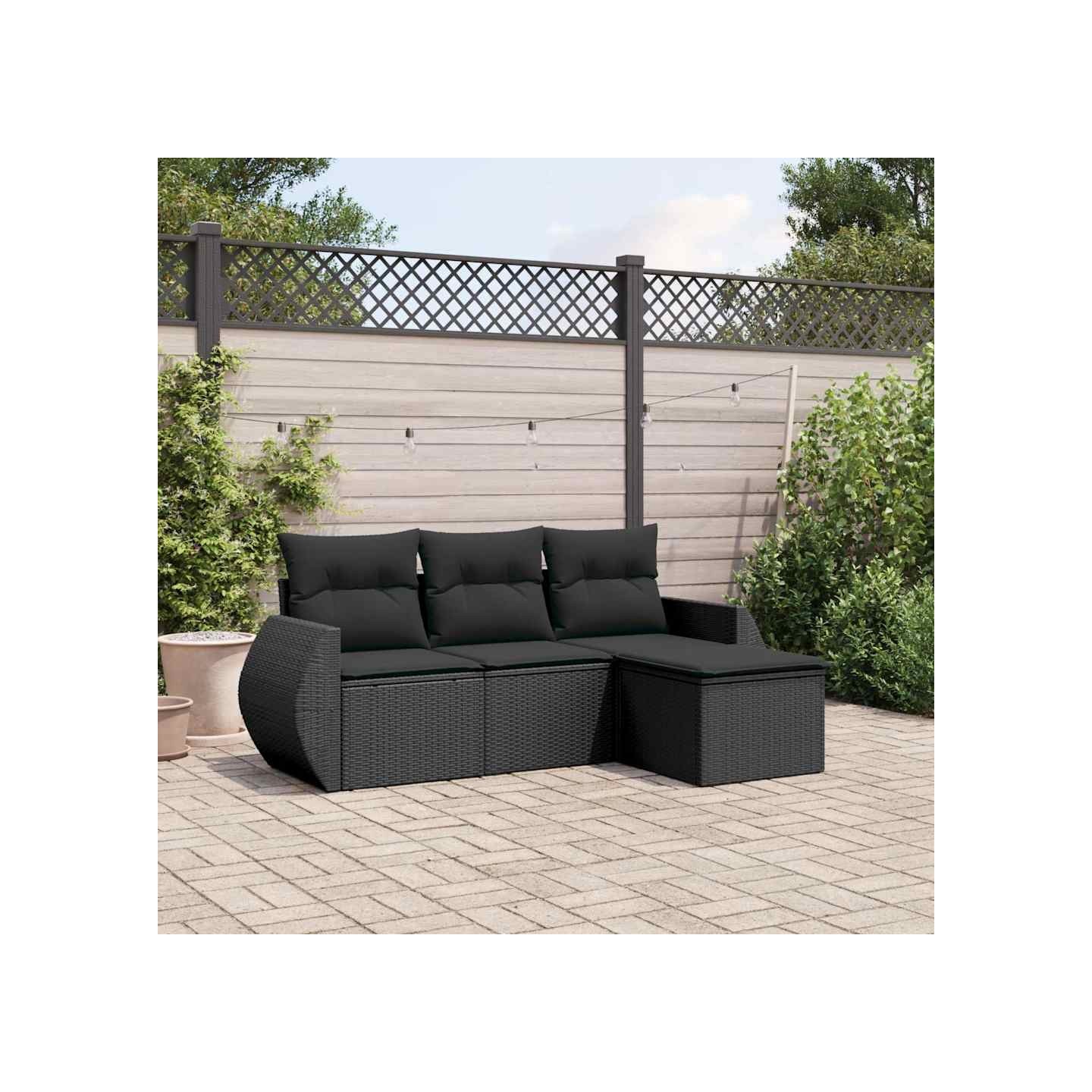 Salon de jardin 4 pcs avec coussins noir résine tressée