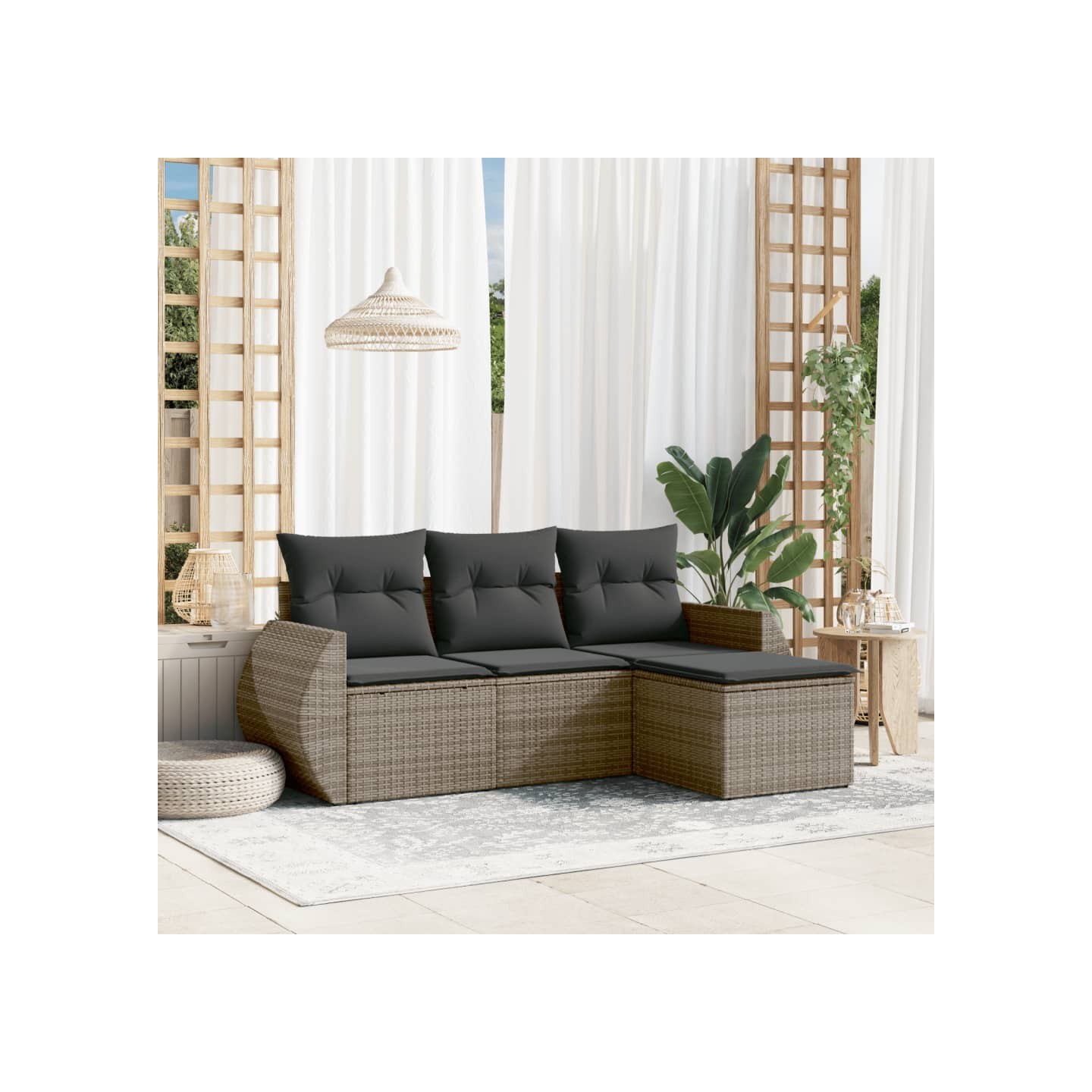 Salon de jardin 4 pcs avec coussins gris résine tressée