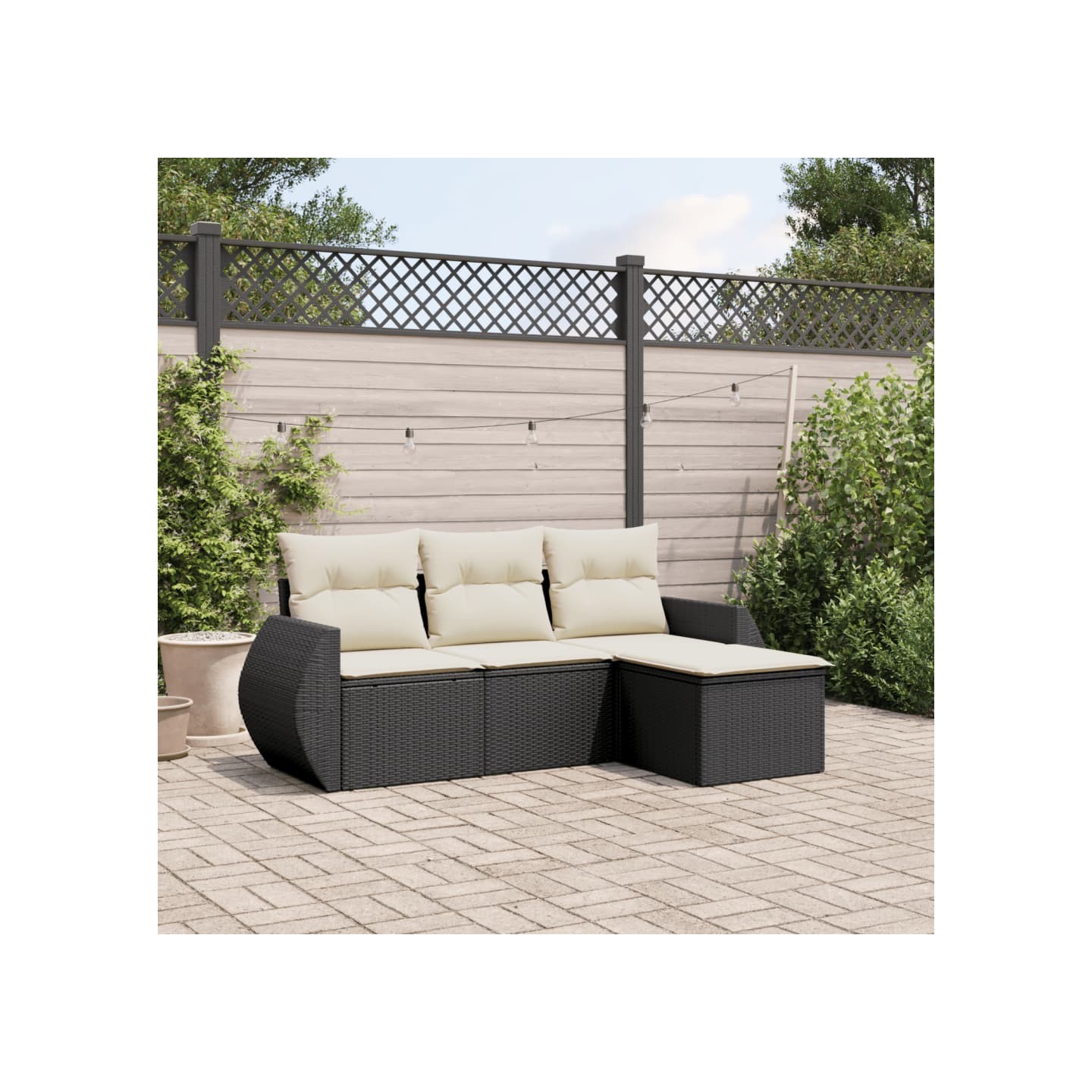 Salon de jardin 4 pcs avec coussins noir résine tressée