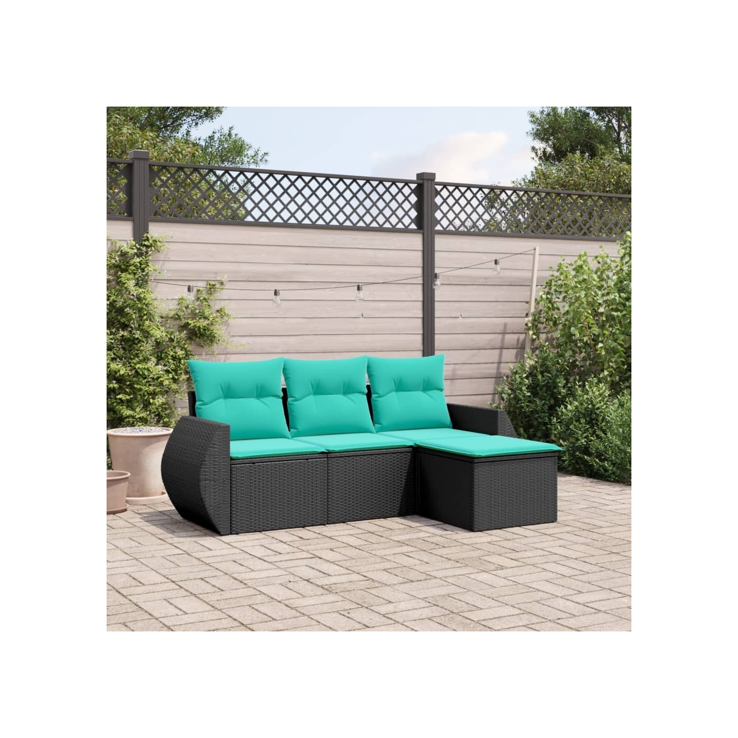 Salon de jardin 4 pcs avec coussins noir résine tressée