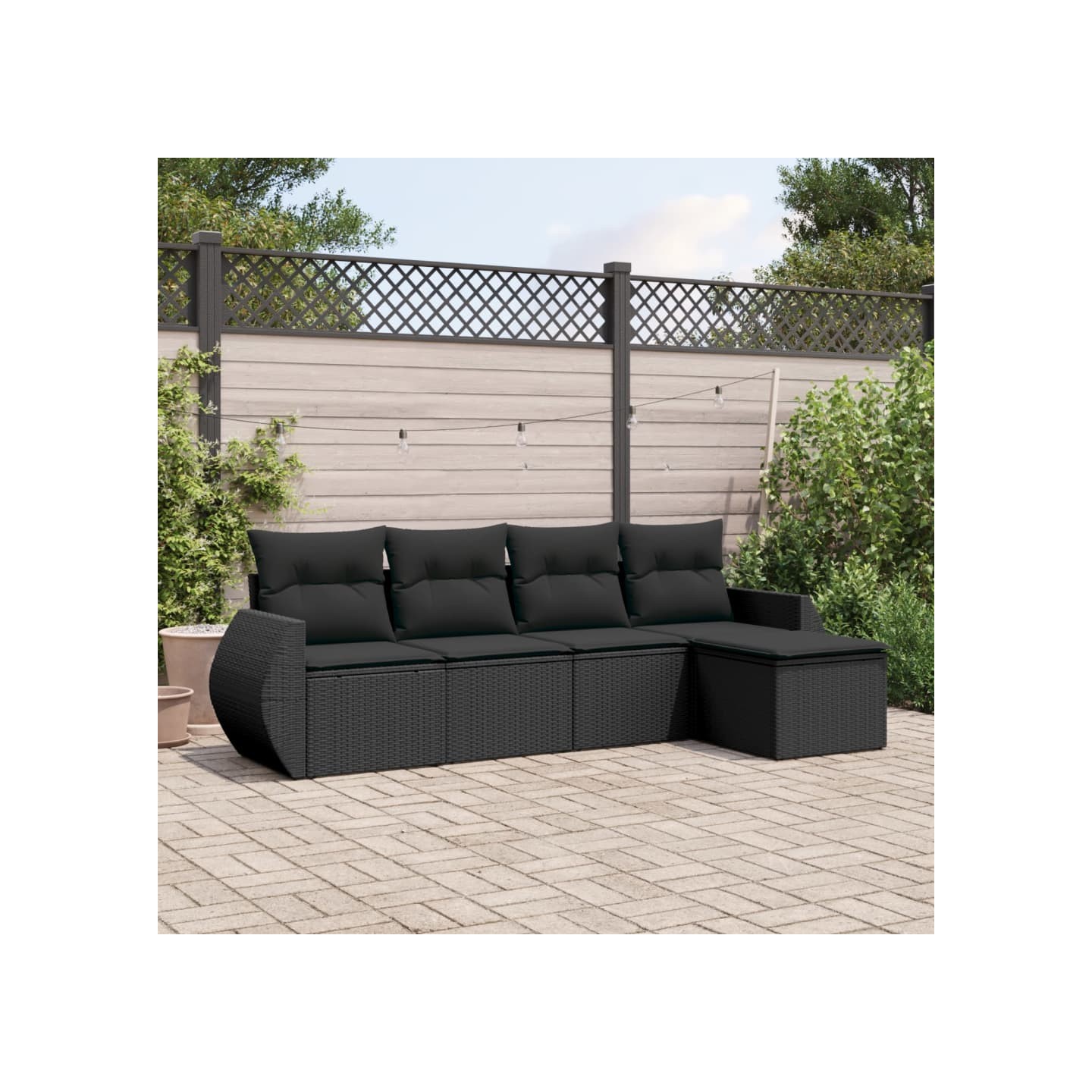 Salon de jardin 5 pcs avec coussins noir résine tressée