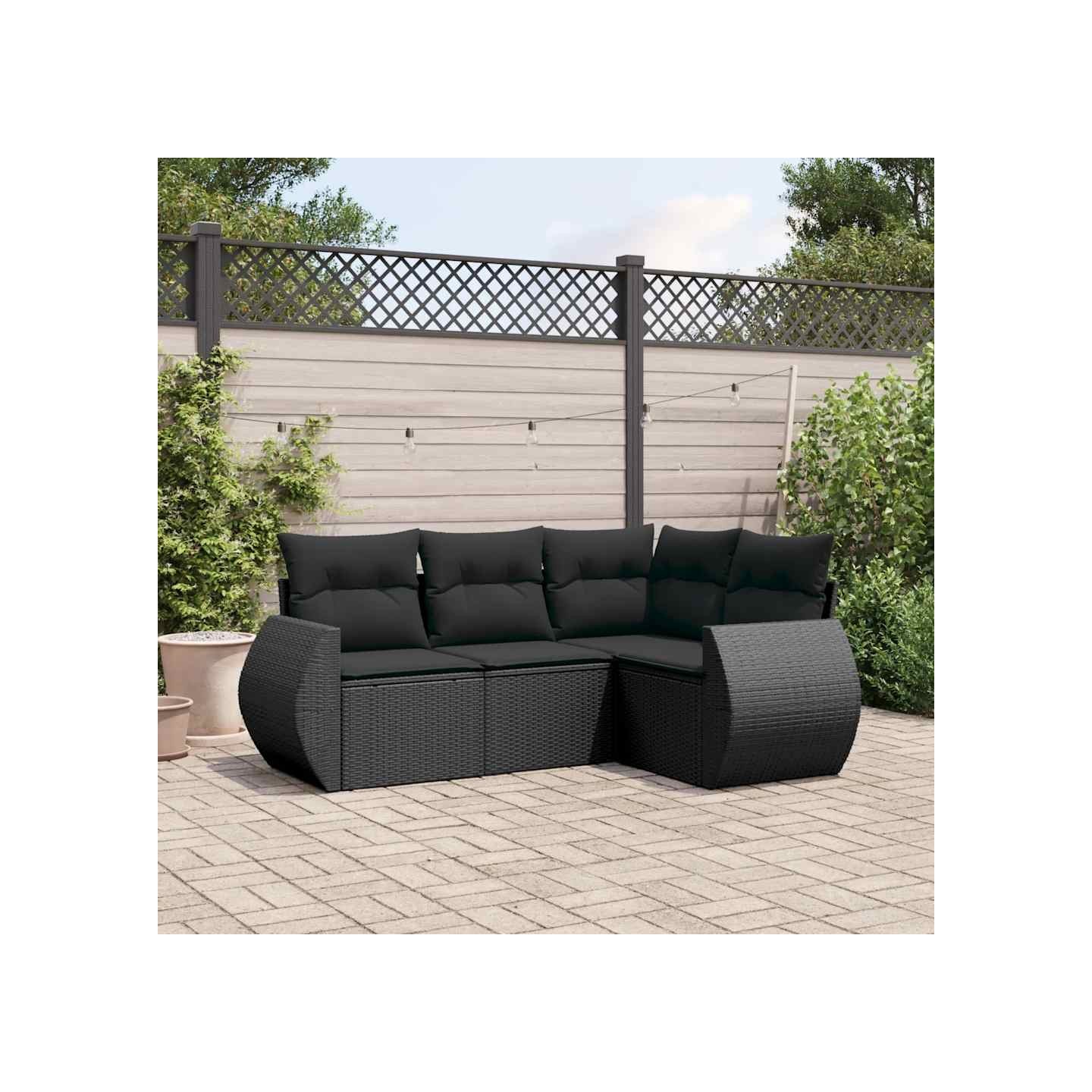 Salon de jardin 4 pcs avec coussins noir résine tressée
