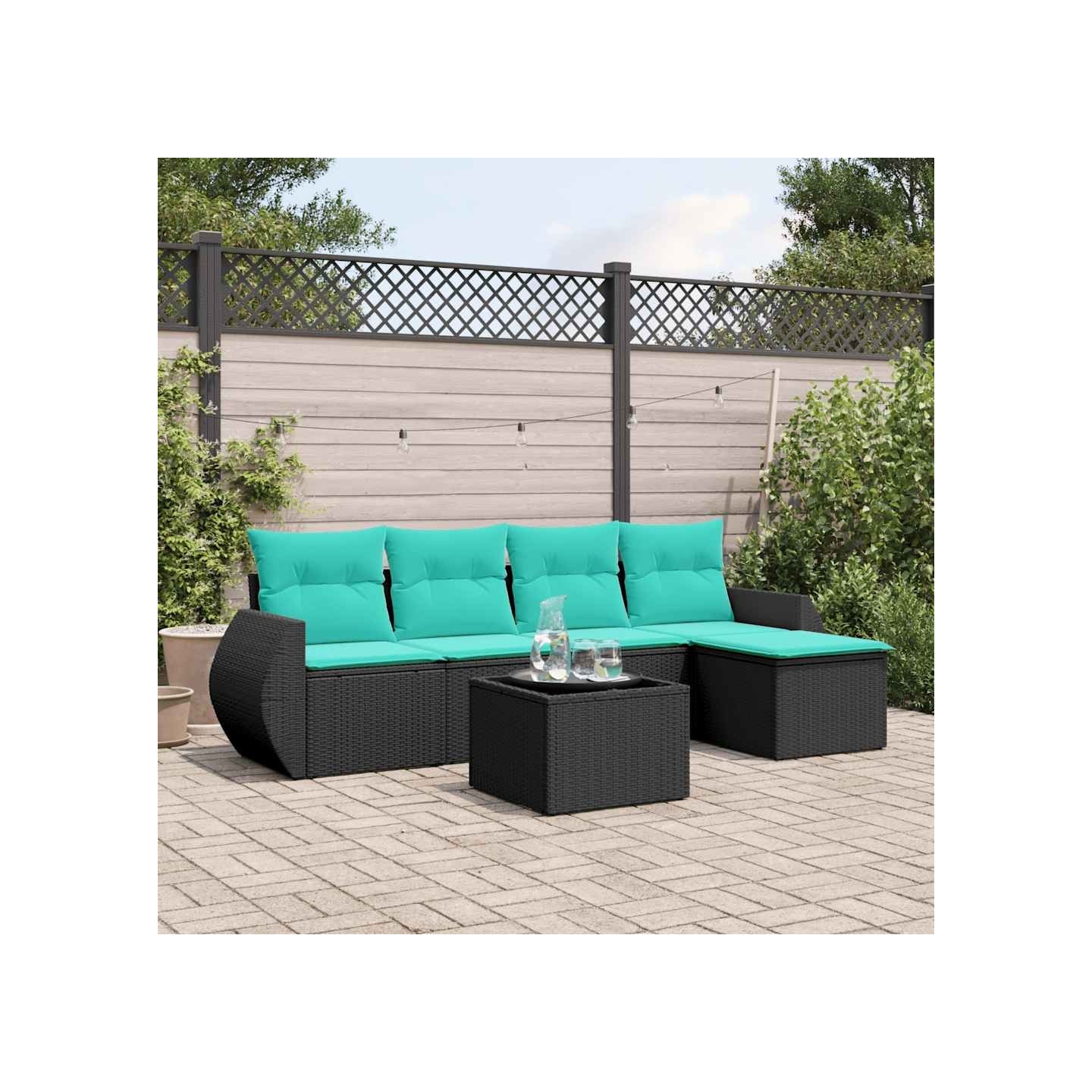 Ensemble de canapé de jardin 6 pcs avec coussins noir résine tressée