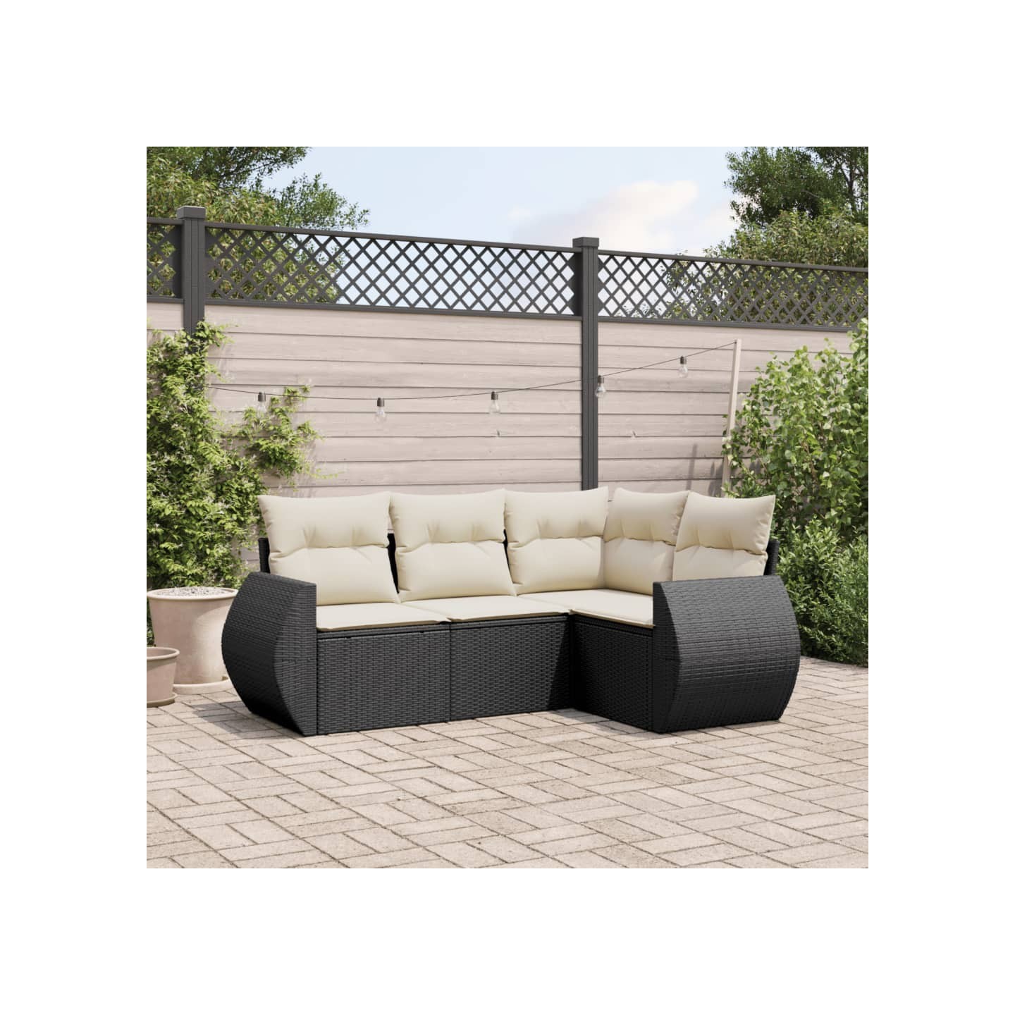 Salon de jardin 4 pcs avec coussins noir résine tressée