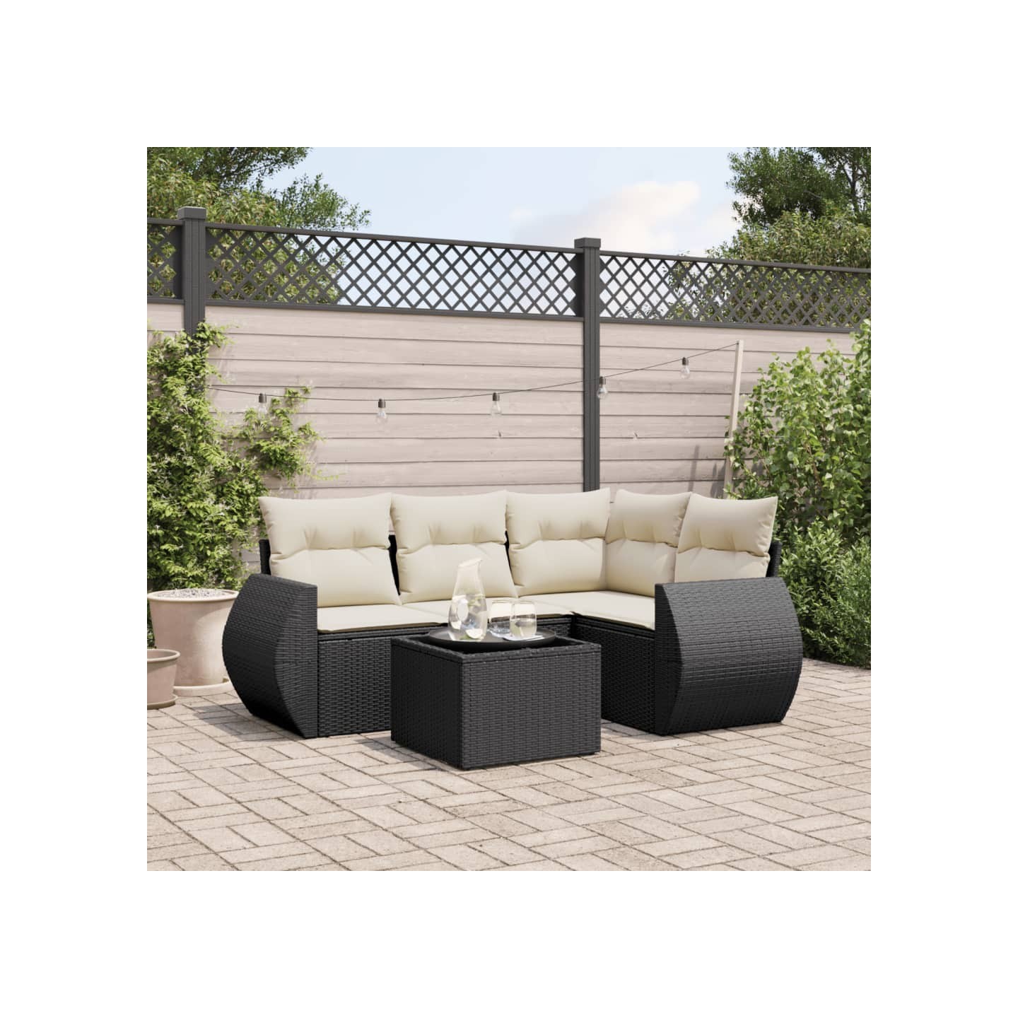 Salon de jardin 5 pcs avec coussins noir résine tressée