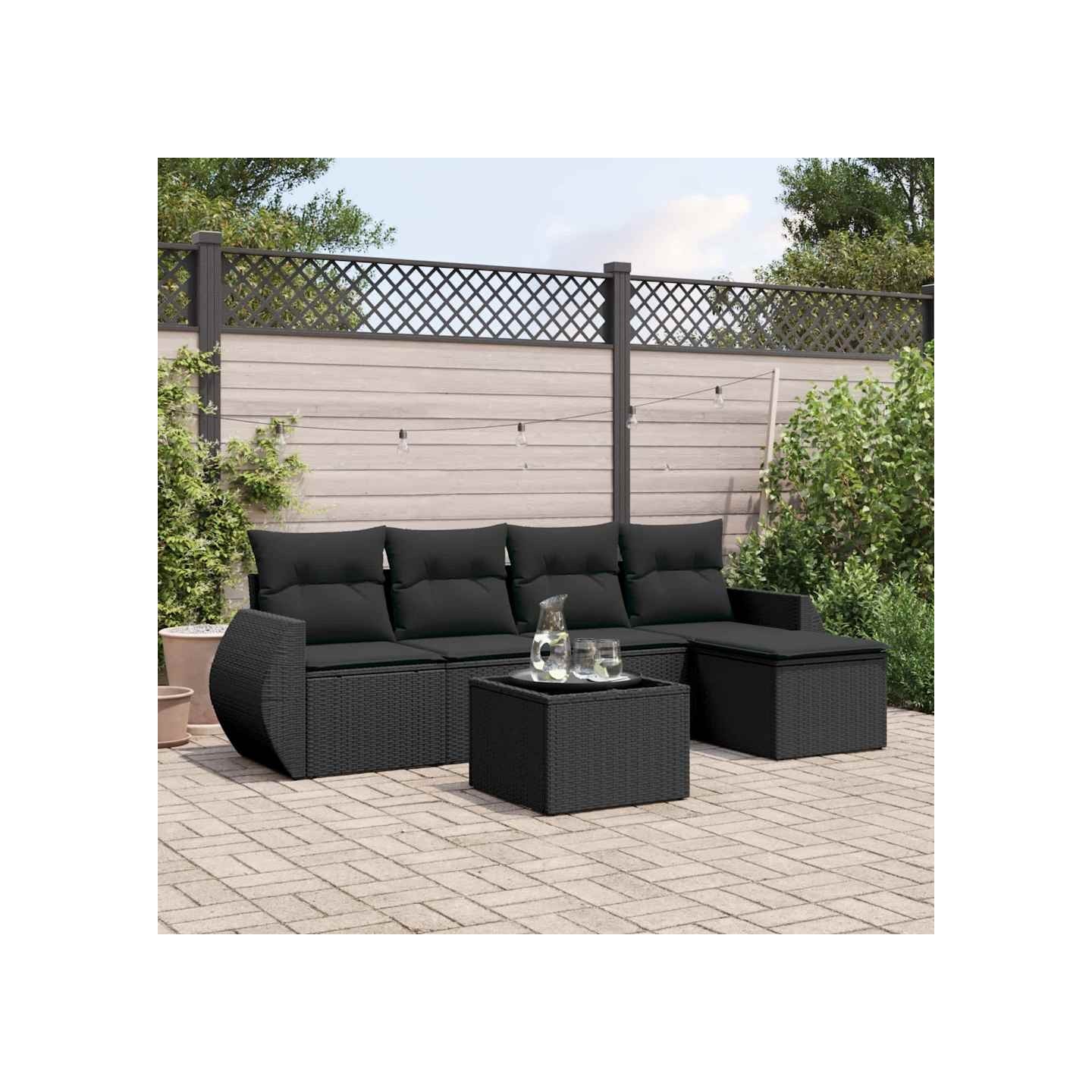 Salon de jardin 6 pcs avec coussins noir résine tressée