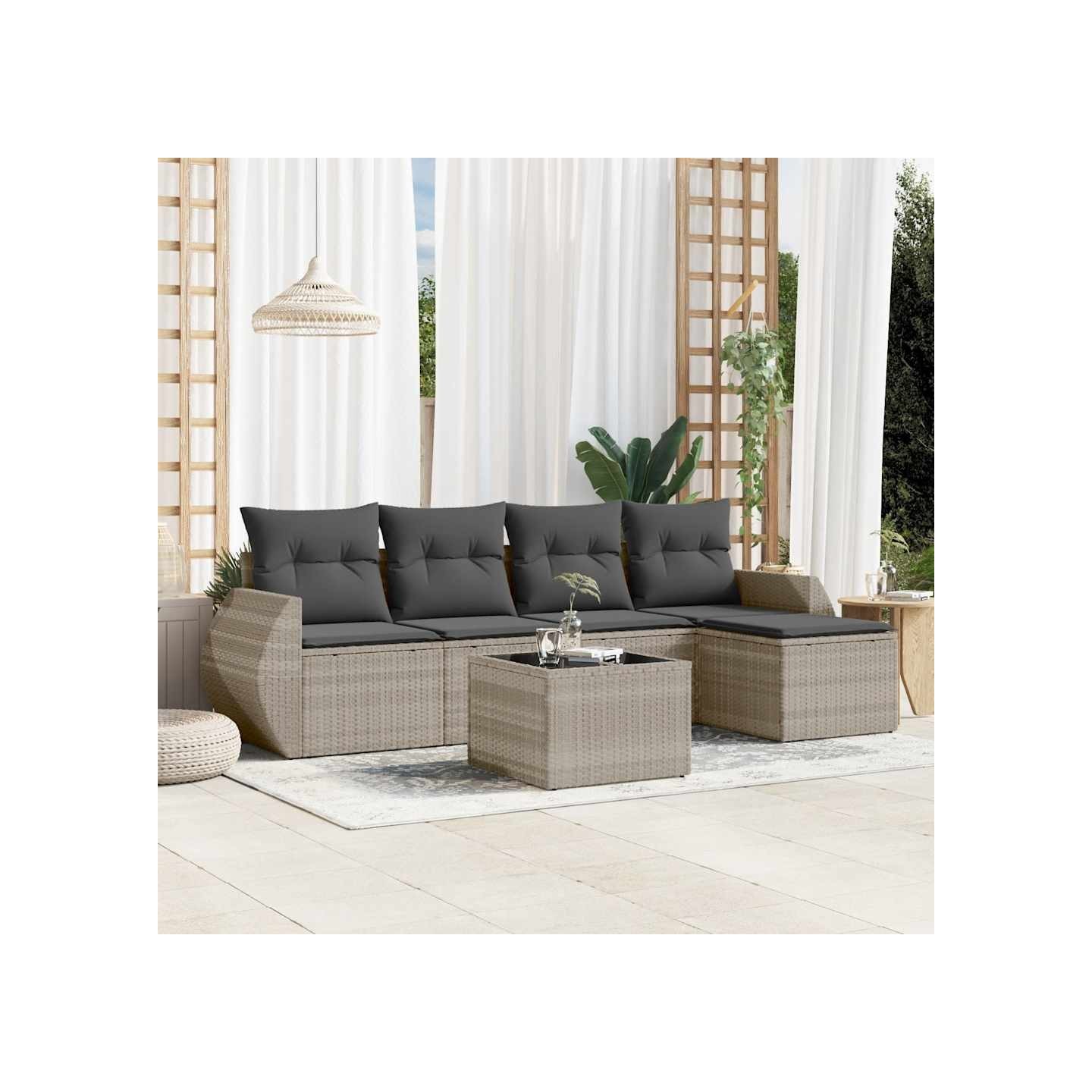 Salon de jardin 6 pcs avec coussins gris clair résine tressée