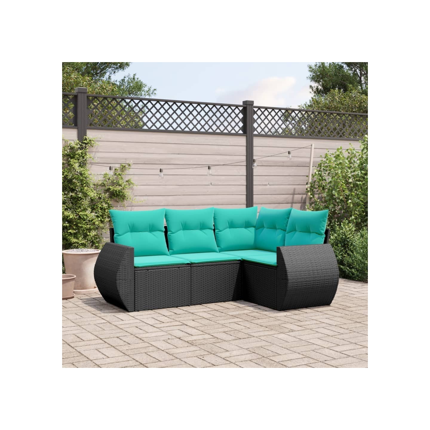 Salon de jardin 4 pcs avec coussins noir résine tressée