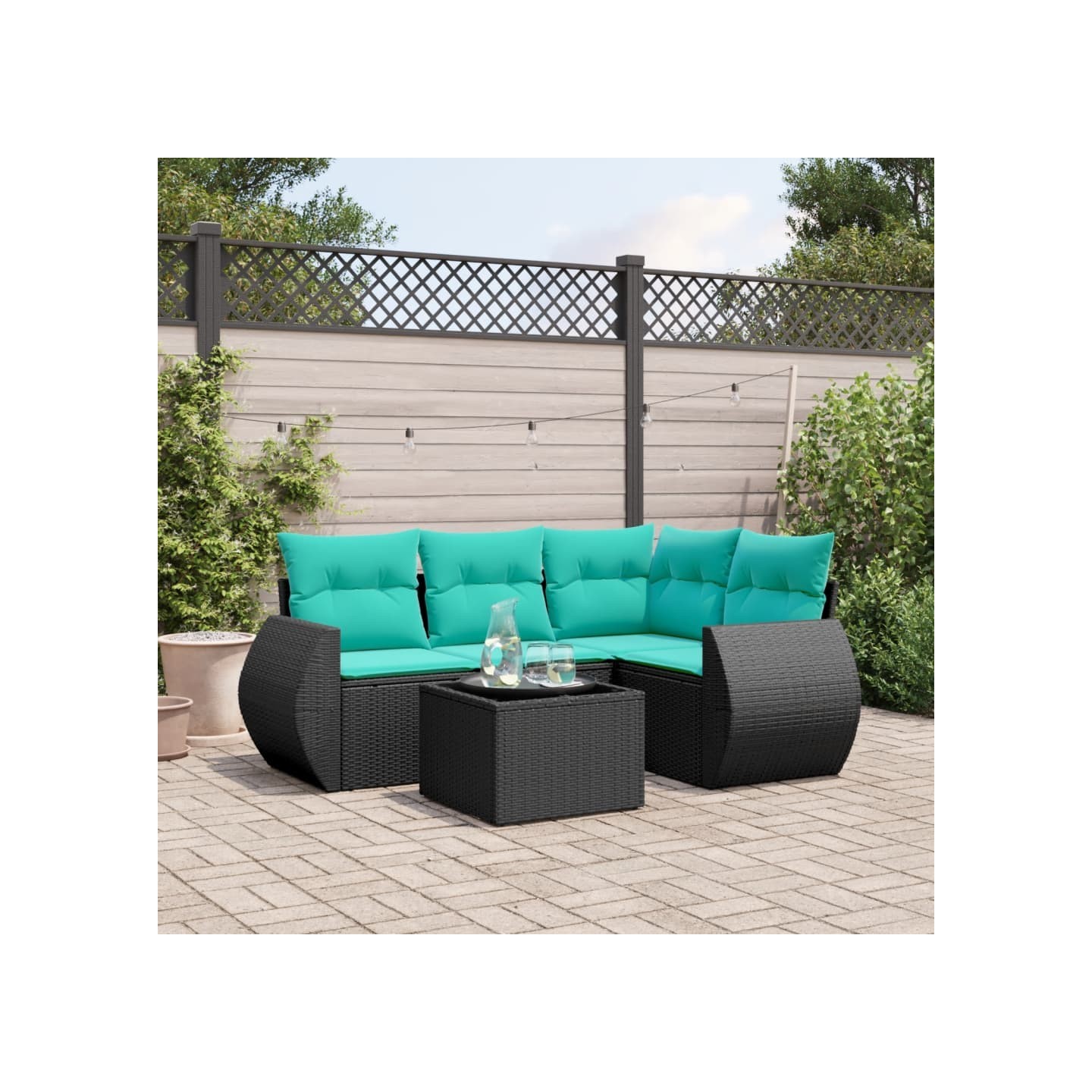 Ensemble de canapé de jardin 5 pcs avec coussins noir résine tressée