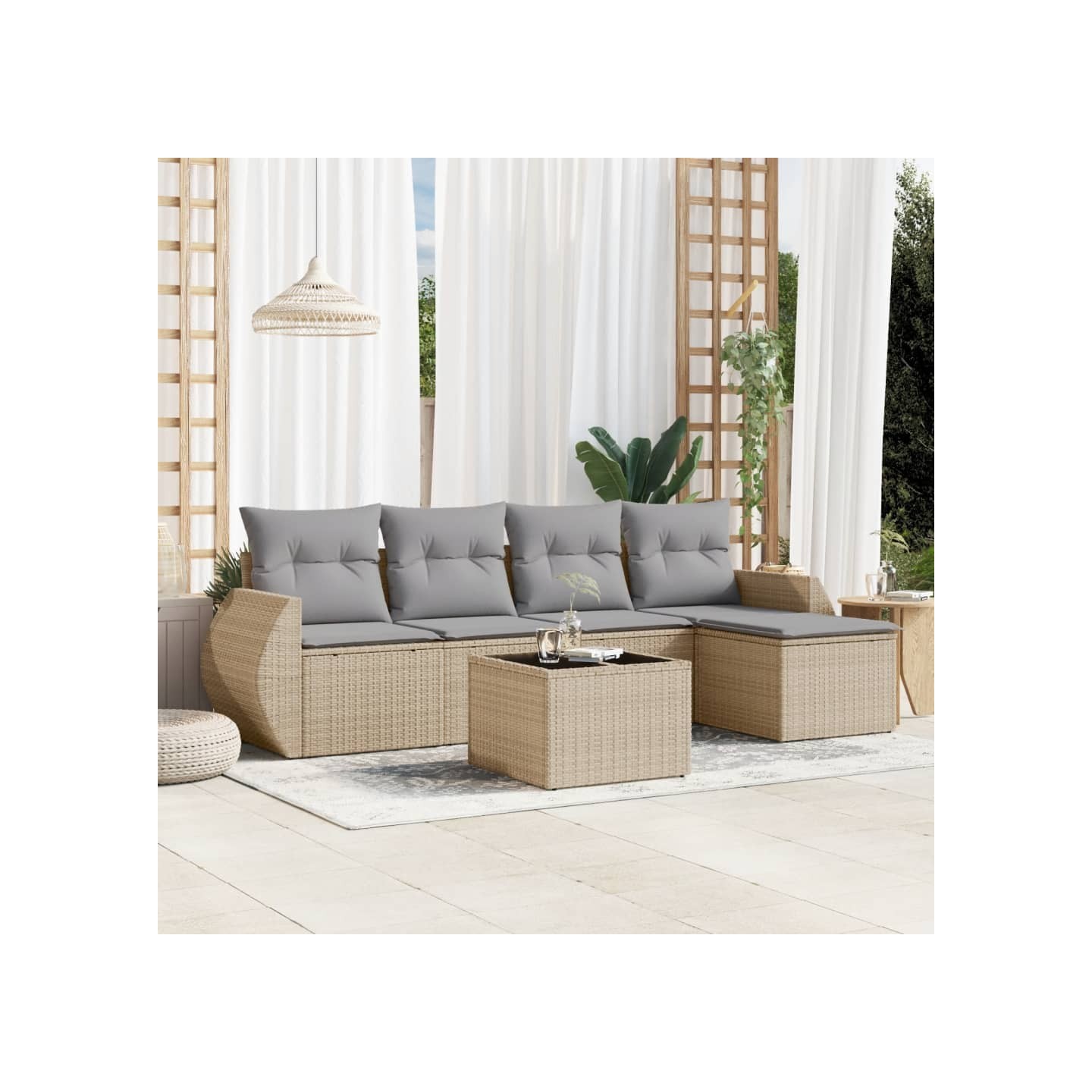 Salon de jardin avec coussins 6 pcs beige résine tressée