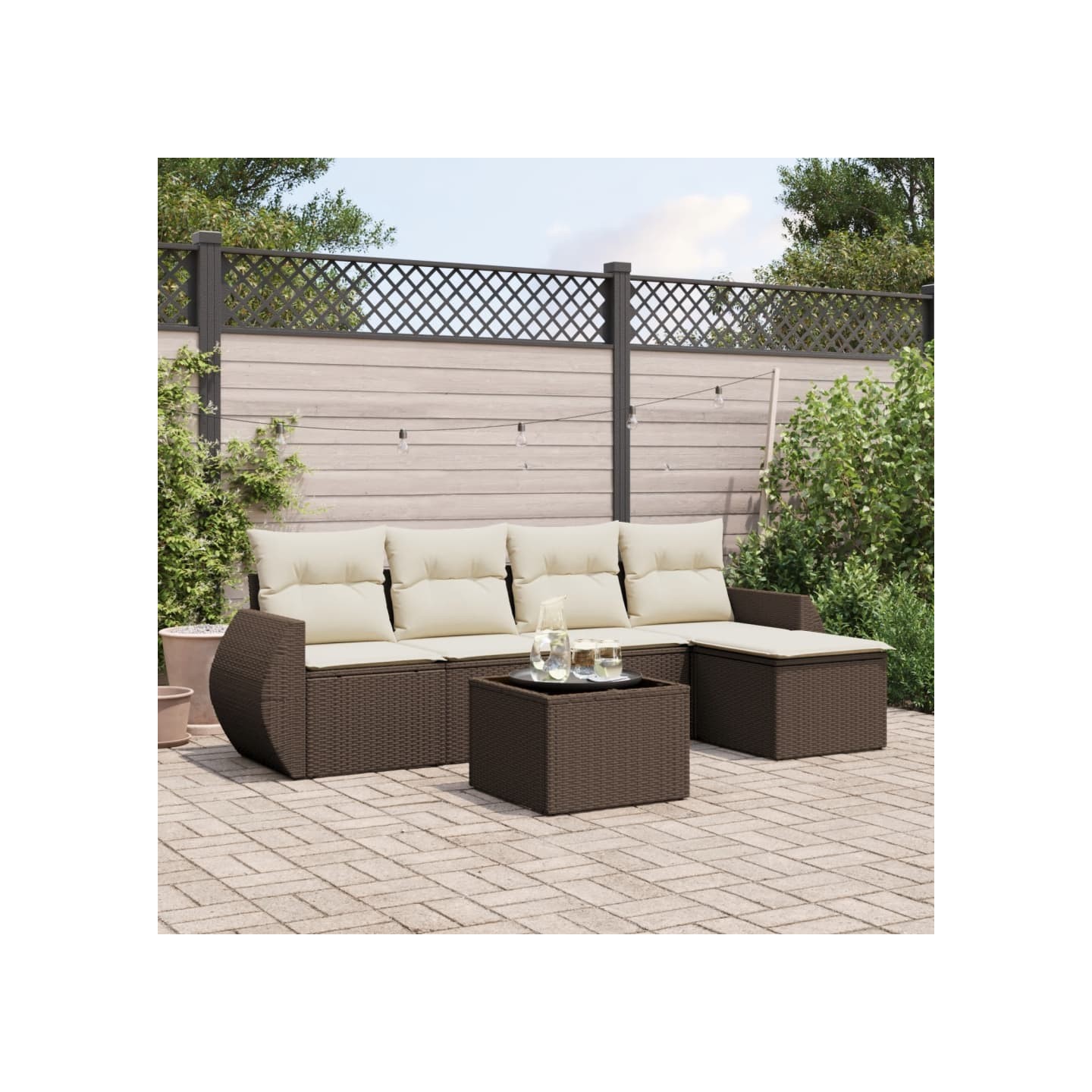 Salon de jardin avec coussins 6 pcs marron résine tressée