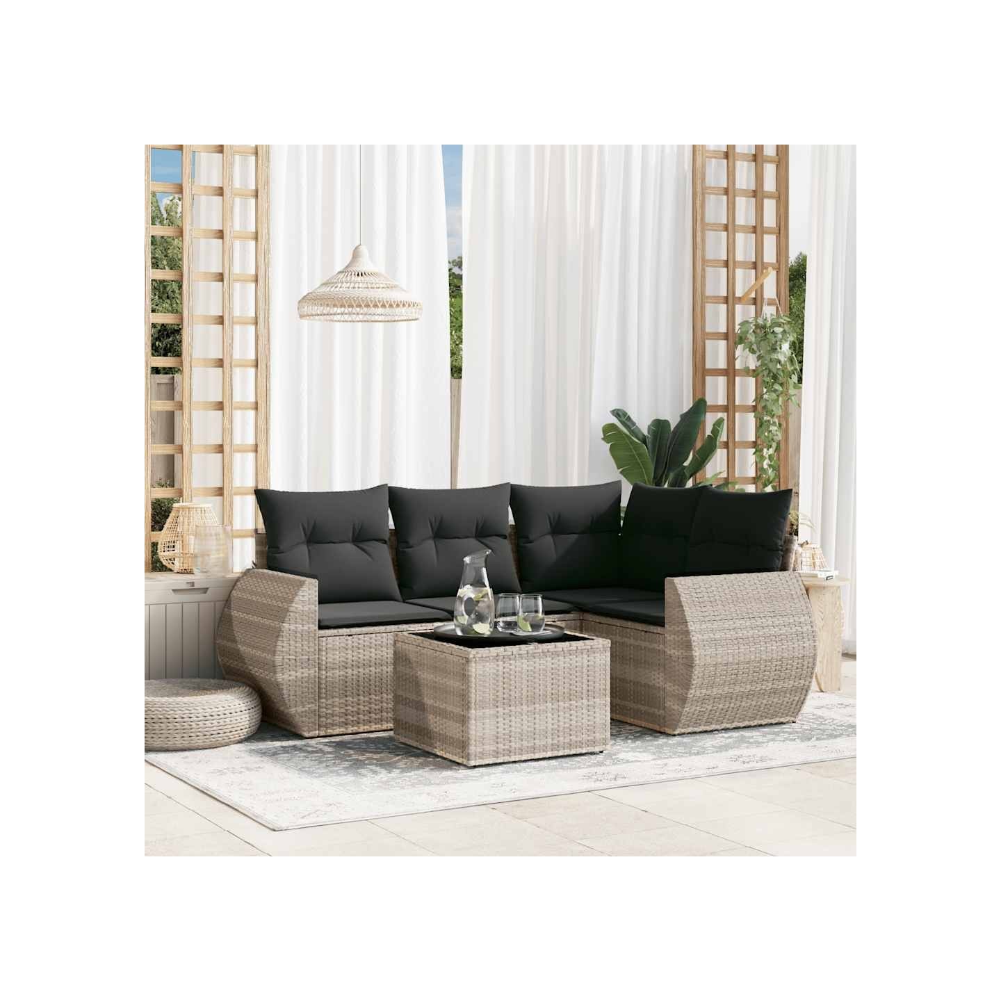 Salon de jardin 5 pcs avec coussins gris clair résine tressée
