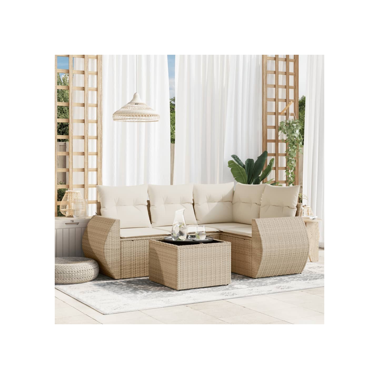 Salon de jardin avec coussins 5 pcs beige résine tressée