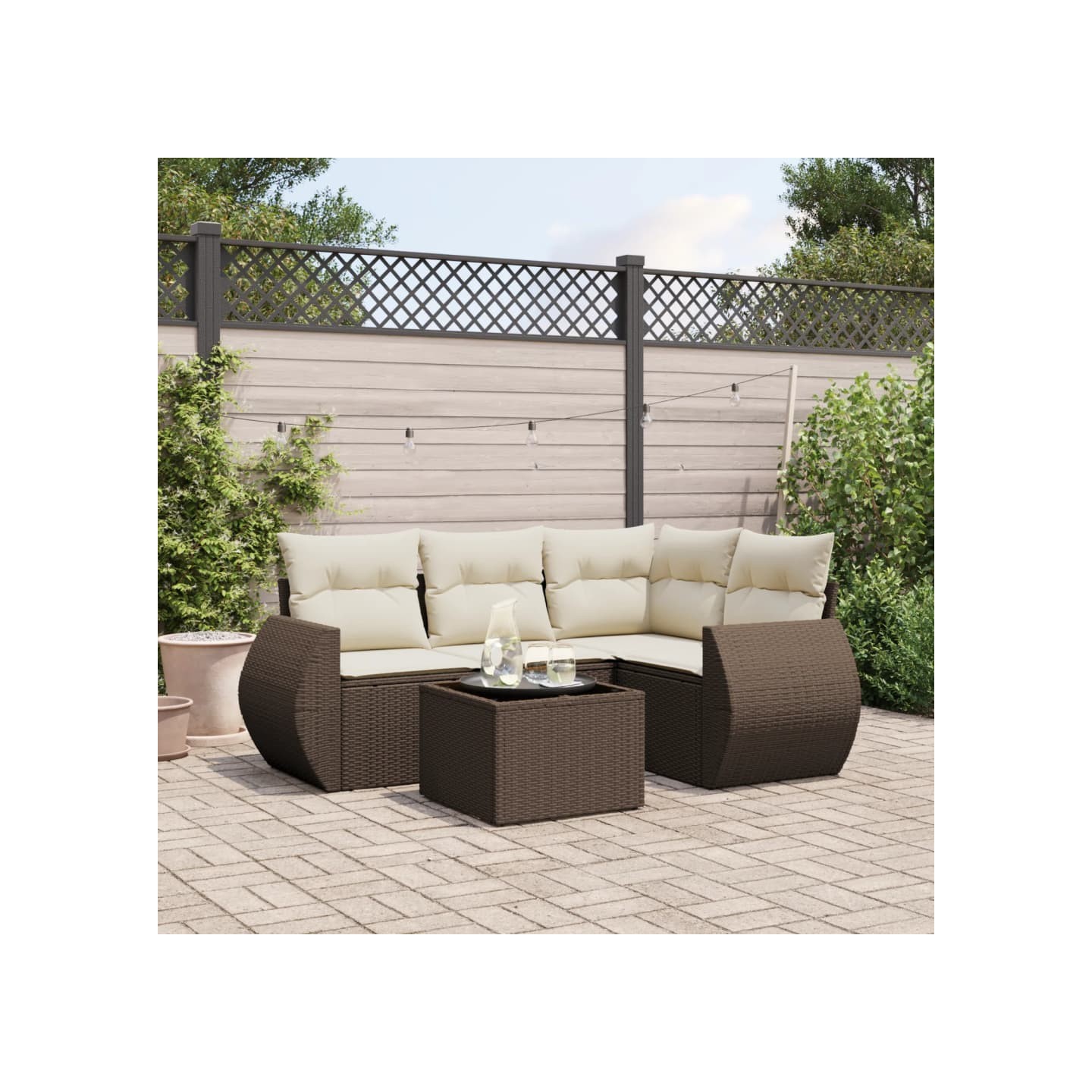 Salon de jardin avec coussins 5 pcs marron résine tressée
