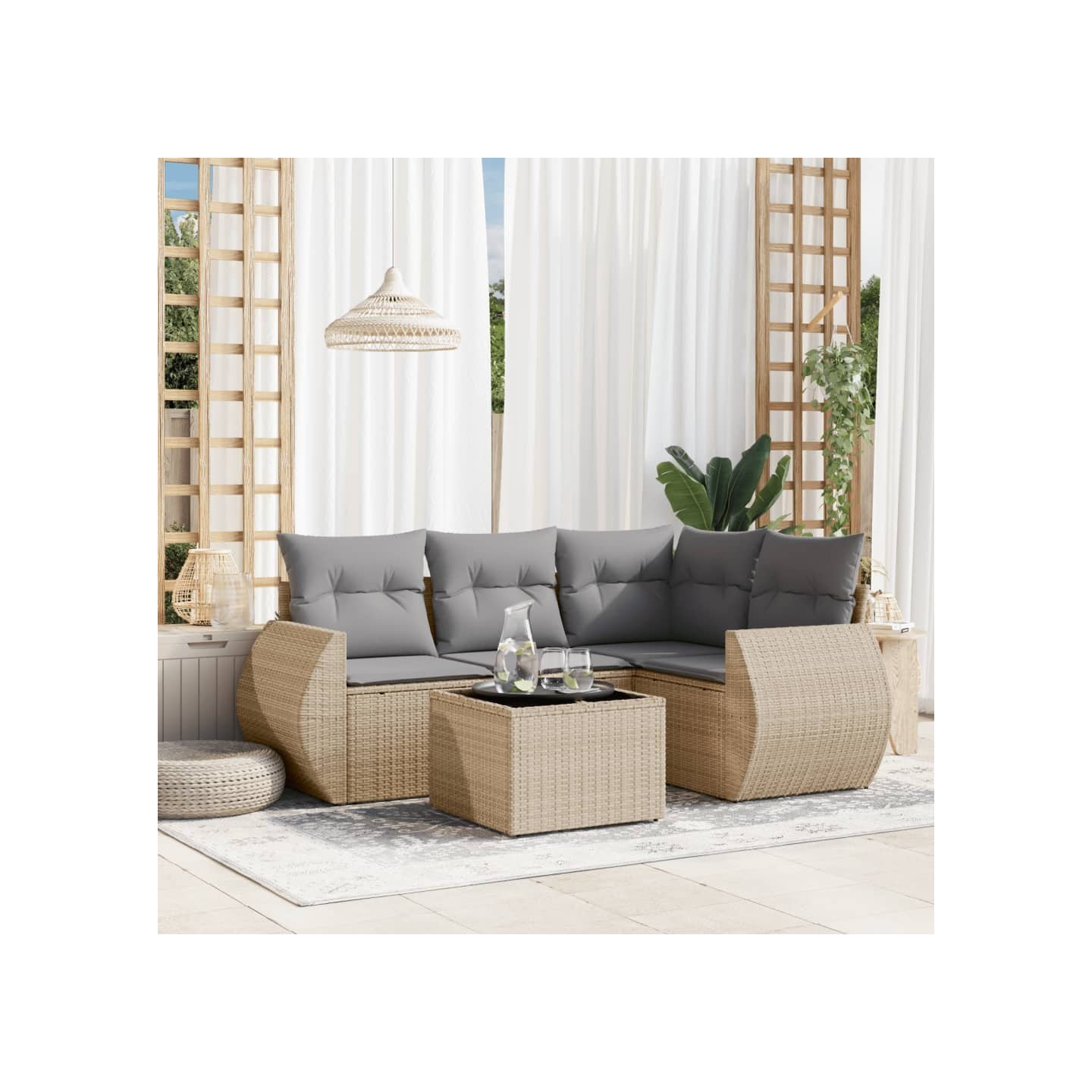 Salon de jardin avec coussins 5 pcs beige résine tressée