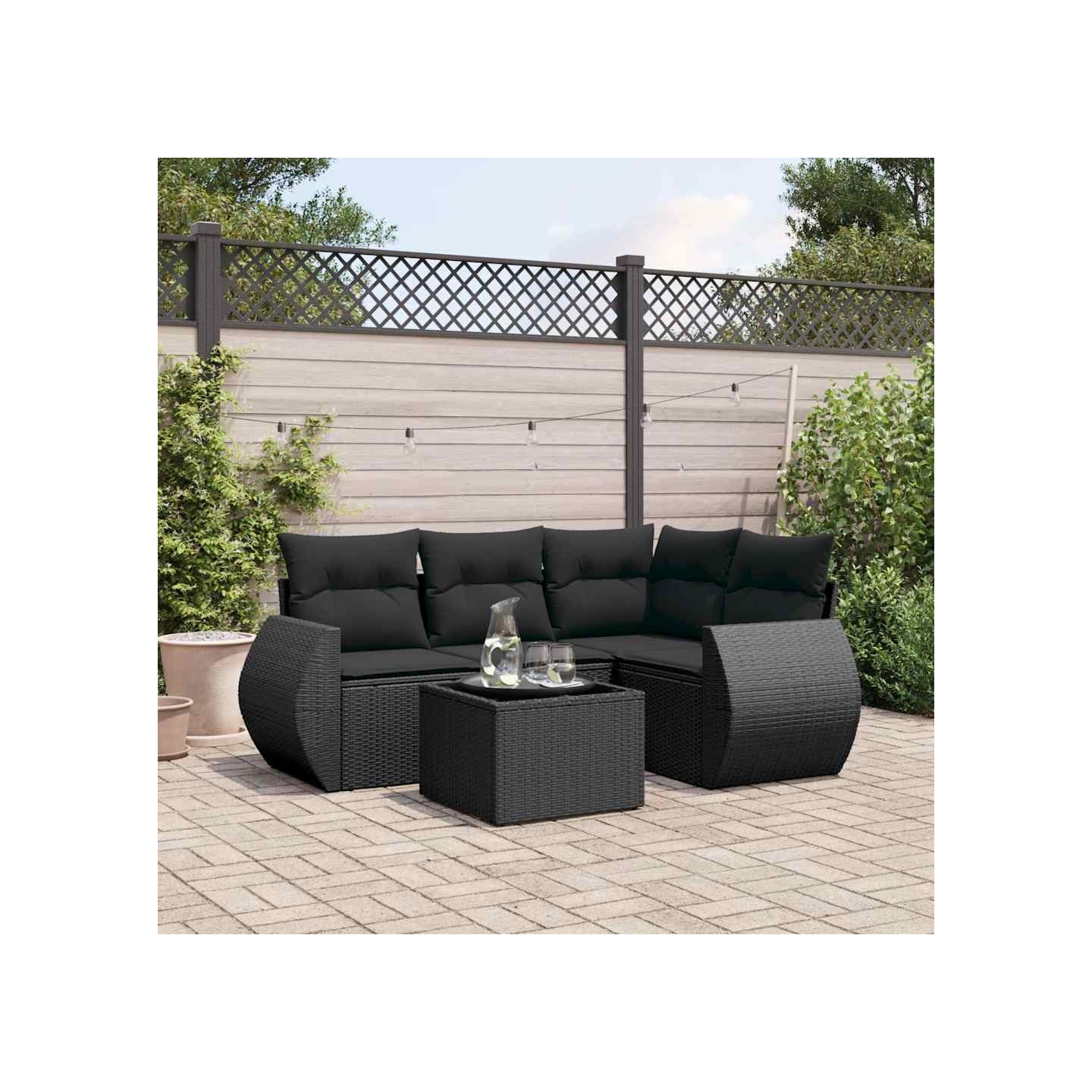 Salon de jardin 5 pcs avec coussins noir résine tressée