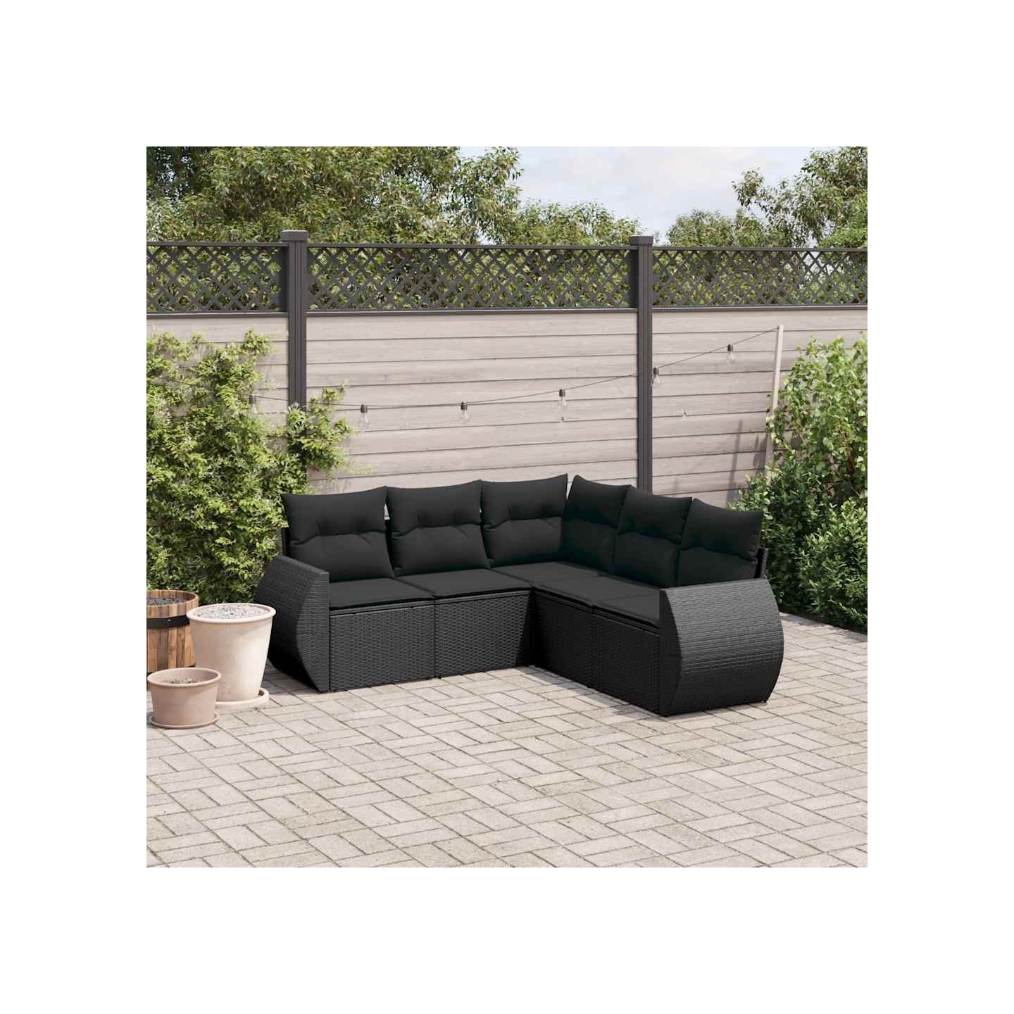 Salon de jardin 5 pcs avec coussins noir résine tressée