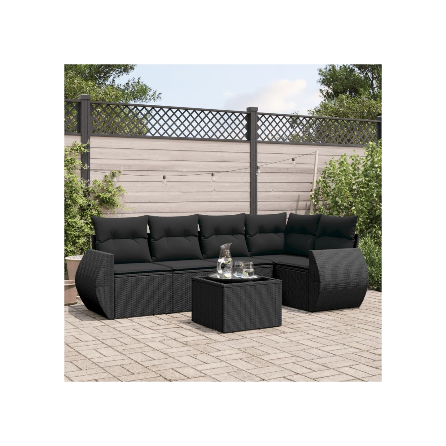 Salon de jardin 6 pcs avec coussins noir résine tressée