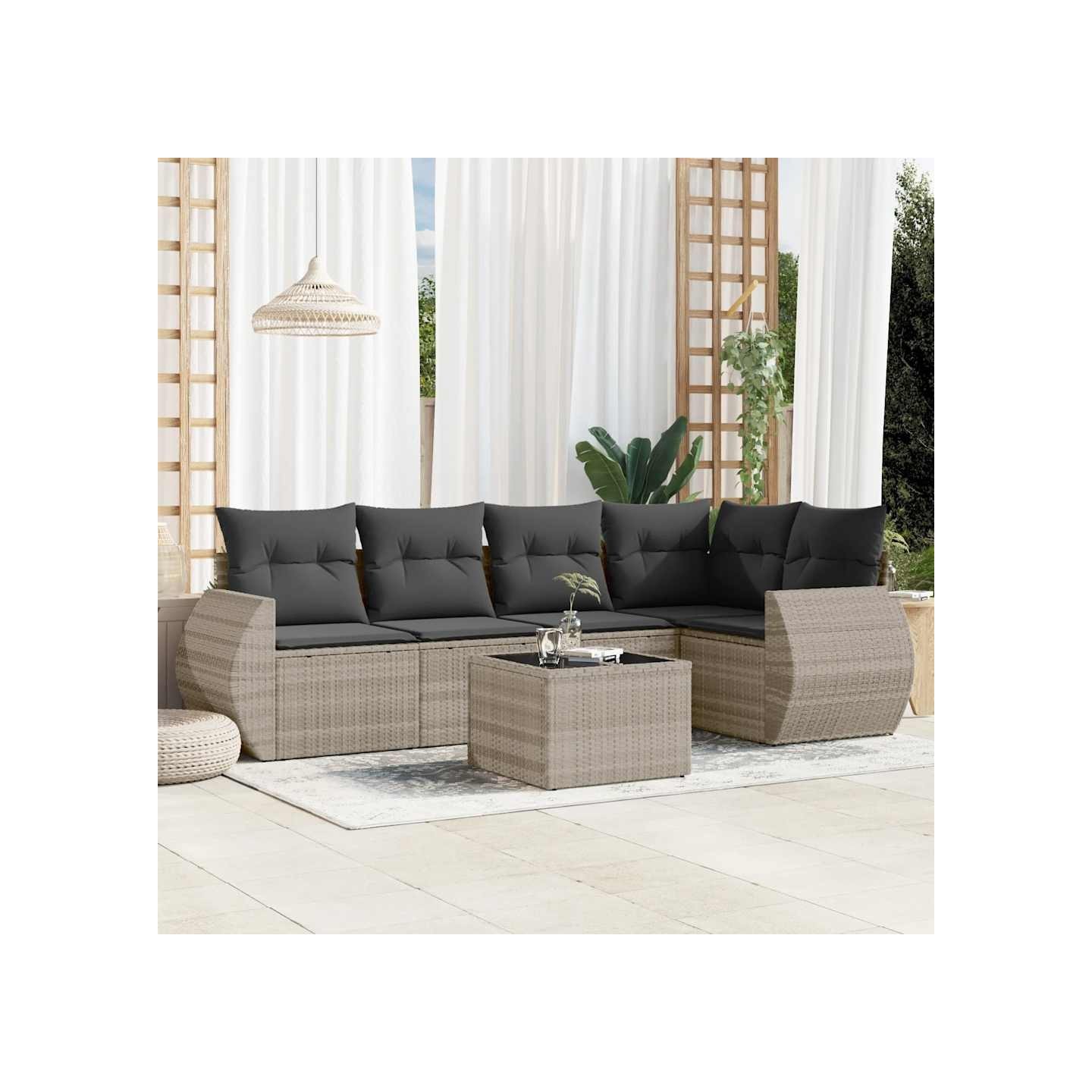 Salon de jardin 6 pcs avec coussins gris clair résine tressée
