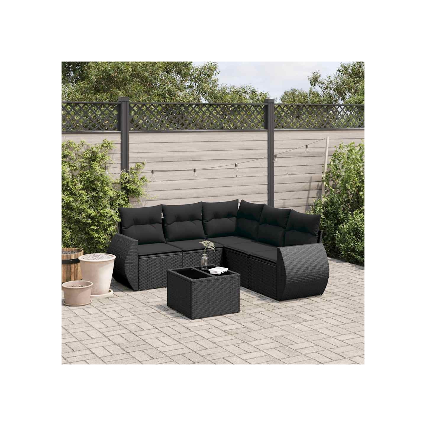 Salon de jardin 6 pcs avec coussins noir résine tressée