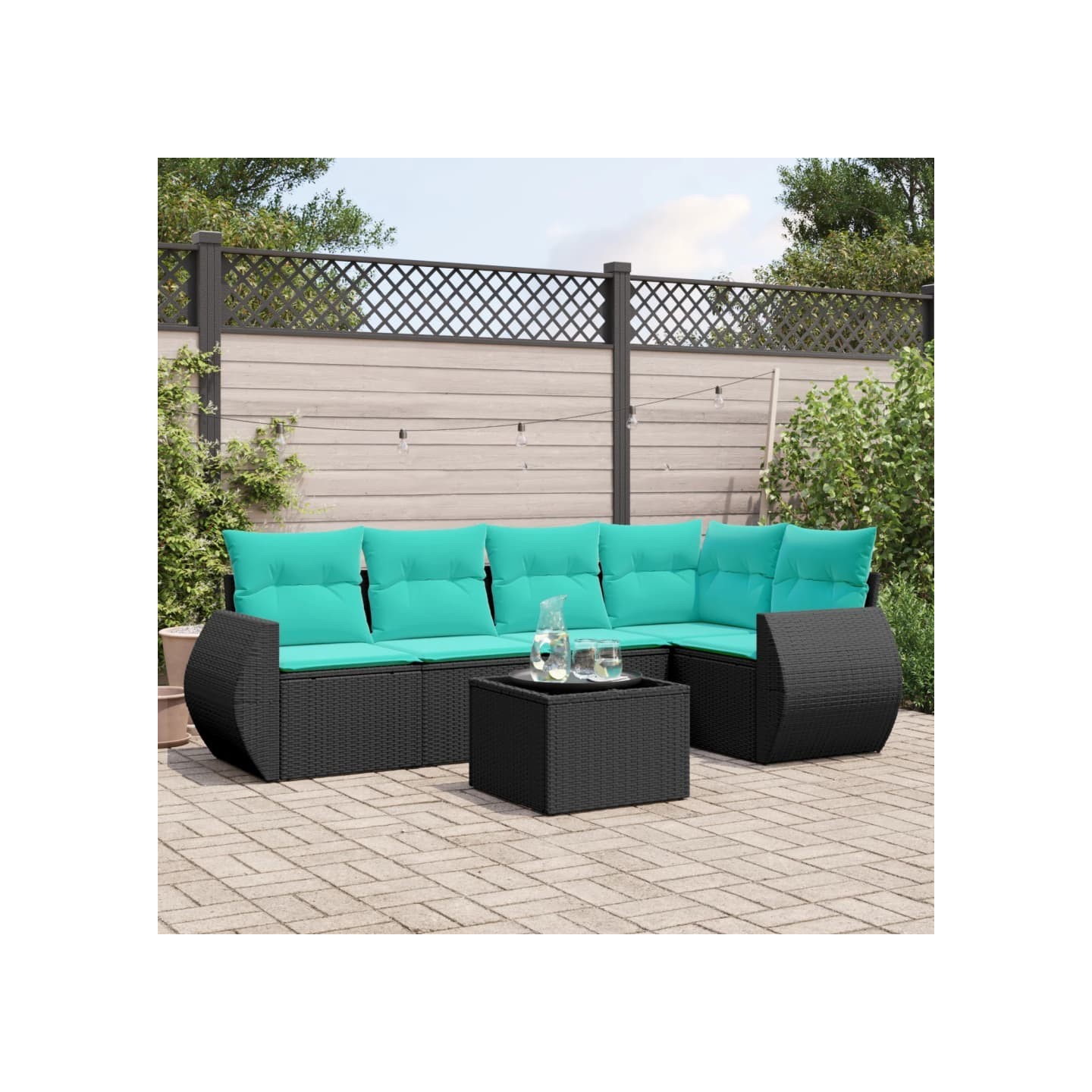 Ensemble de canapé de jardin 6 pcs avec coussins noir résine tressée