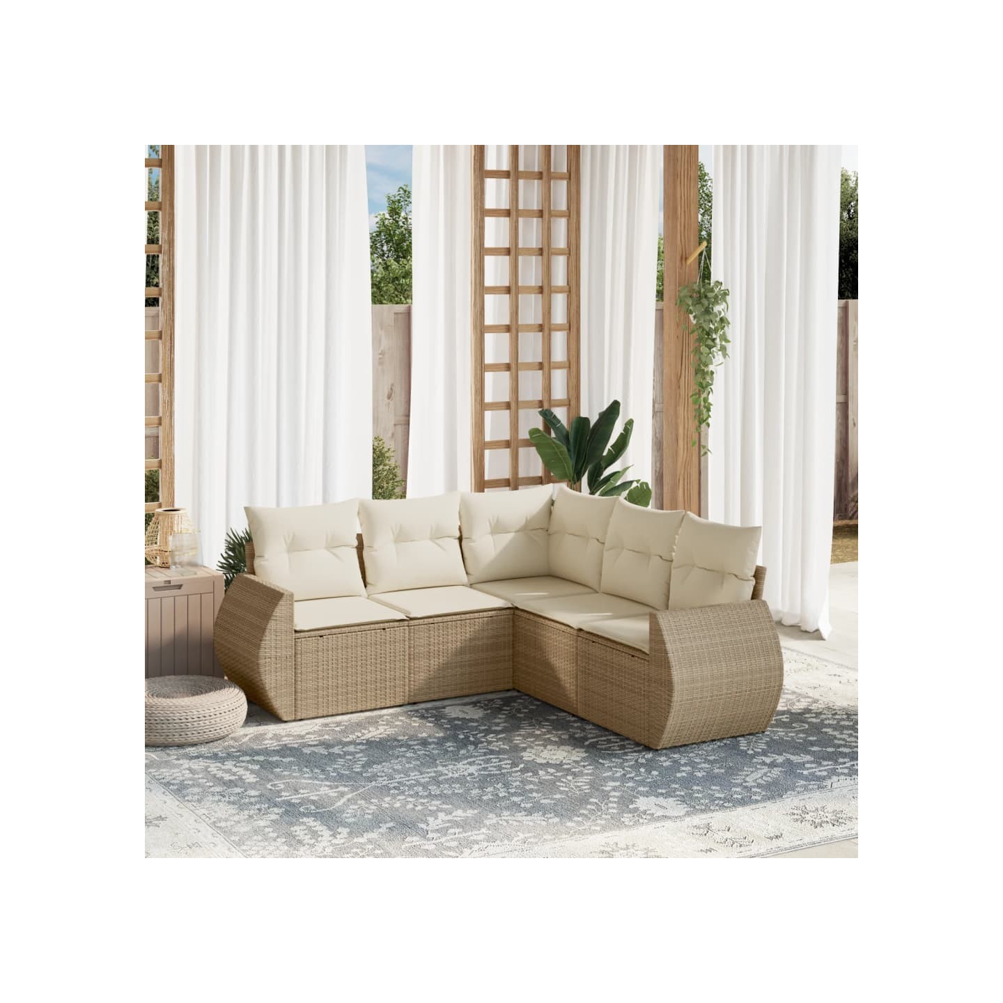Salon de jardin avec coussins 5 pcs beige résine tressée