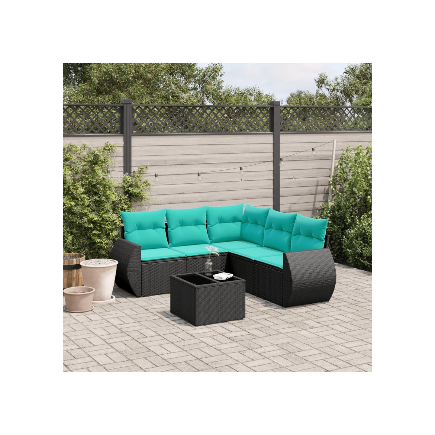 Ensemble de canapé de jardin 6 pcs avec coussins noir résine tressée