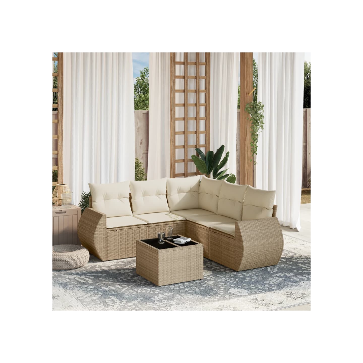 Salon de jardin avec coussins 6 pcs beige résine tressée