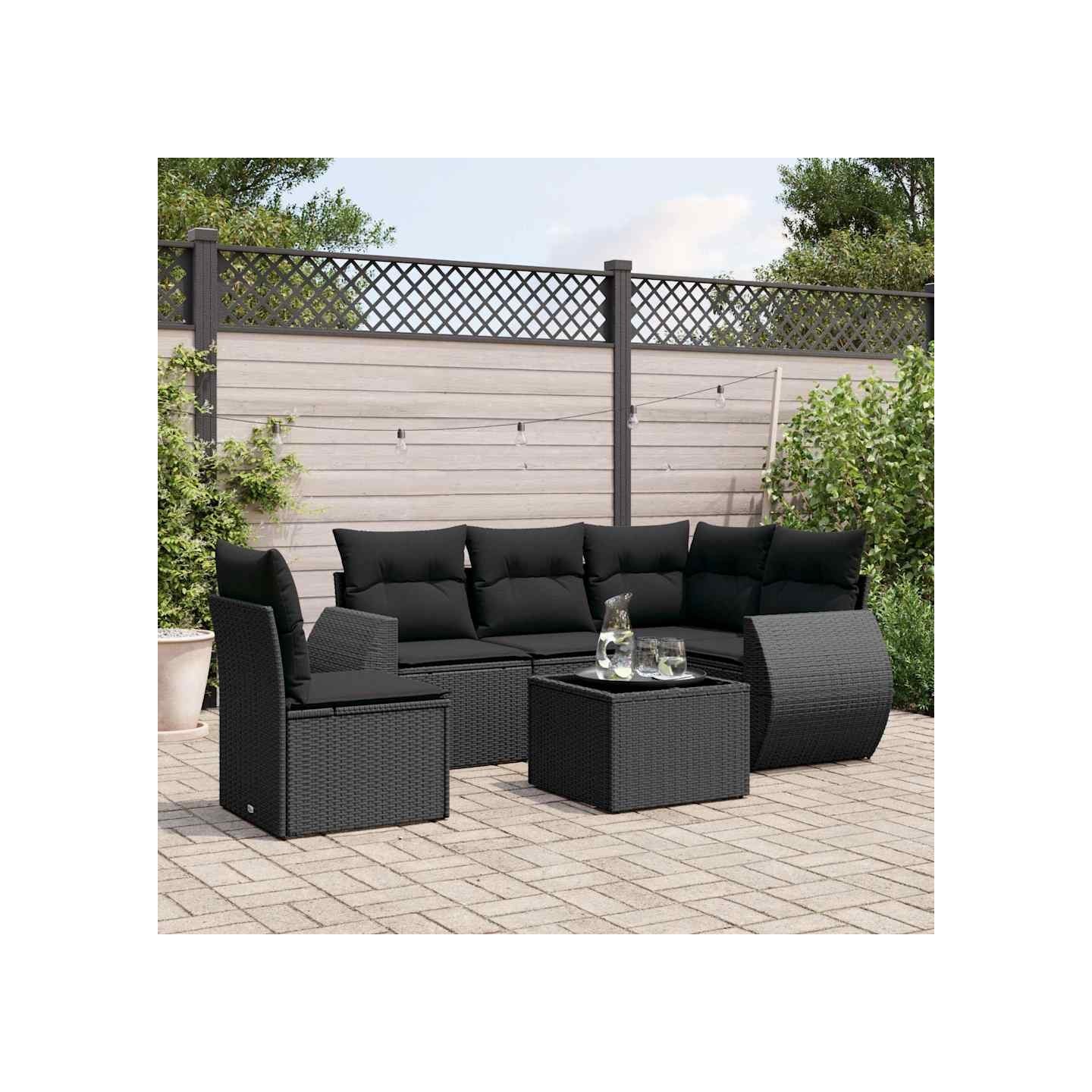 Salon de jardin 6 pcs avec coussins noir résine tressée