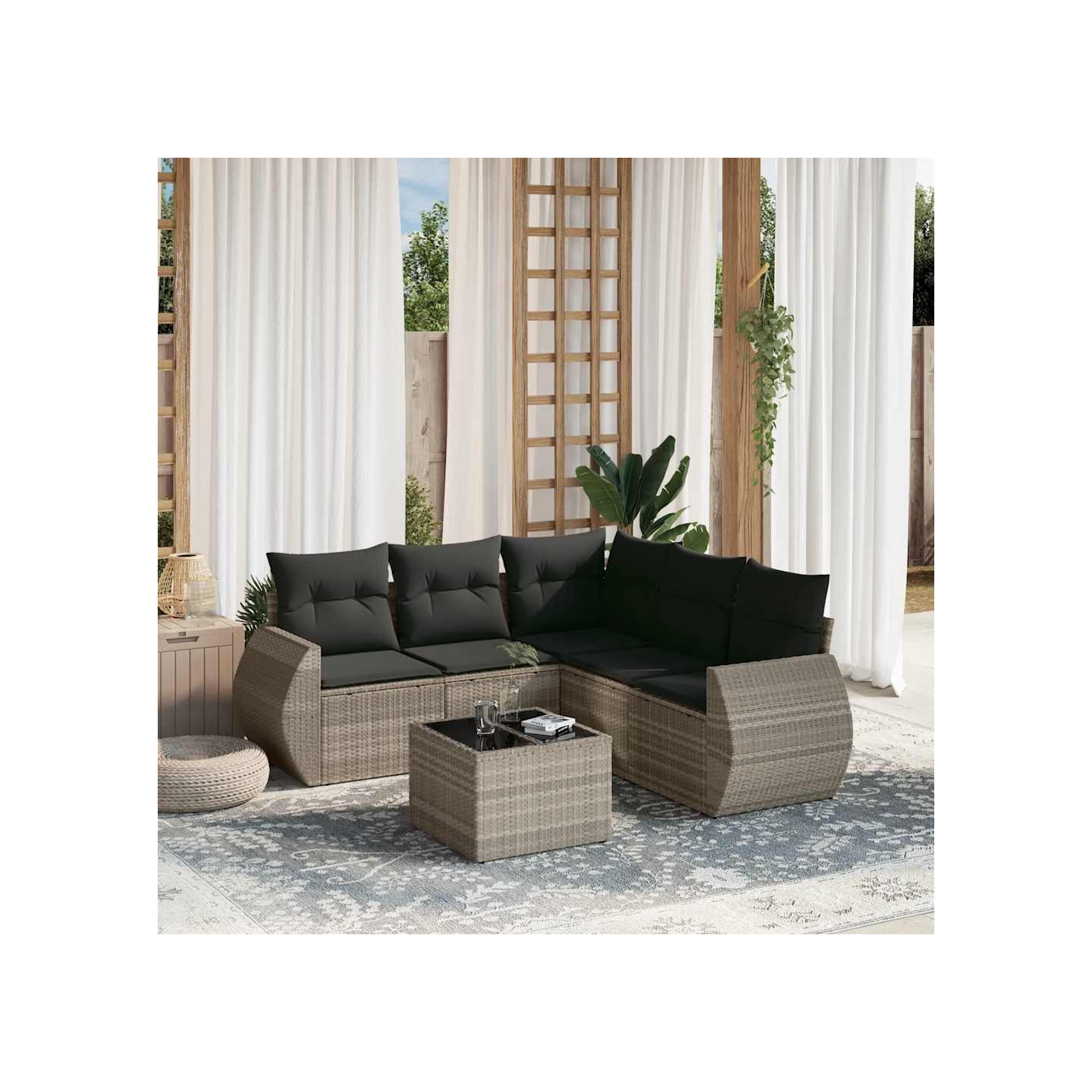 Salon de jardin 6 pcs avec coussins gris clair résine tressée