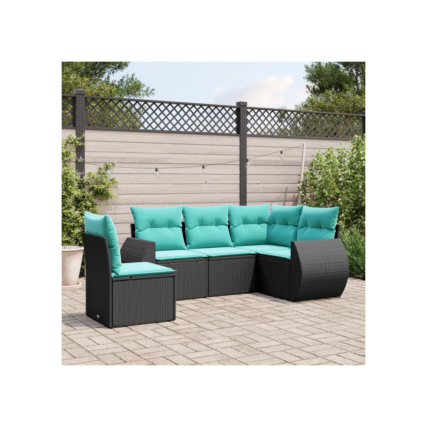 Salon de jardin 5 pcs avec coussins noir résine tressée
