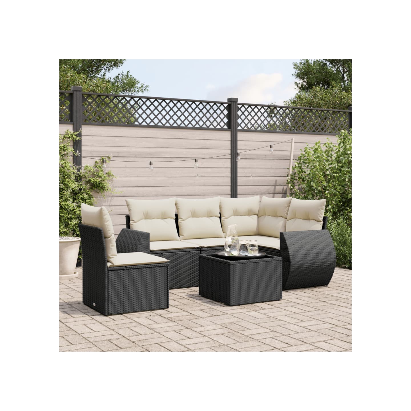 Salon de jardin 6 pcs avec coussins noir résine tressée