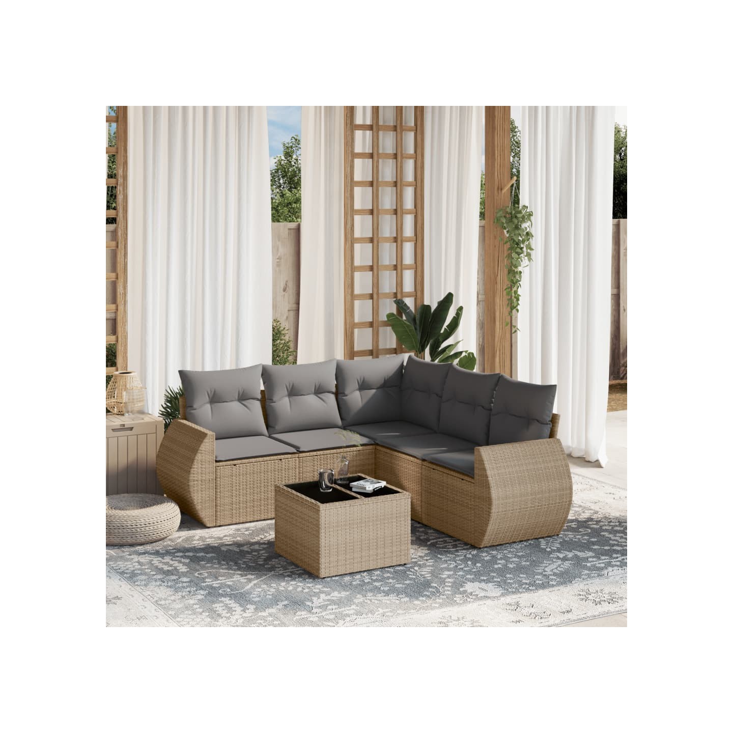 Salon de jardin avec coussins 6 pcs beige résine tressée