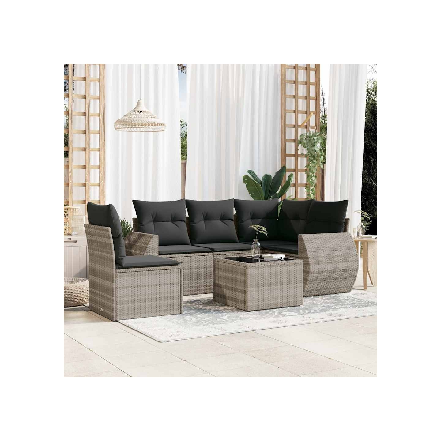 Salon de jardin 6 pcs avec coussins gris clair résine tressée