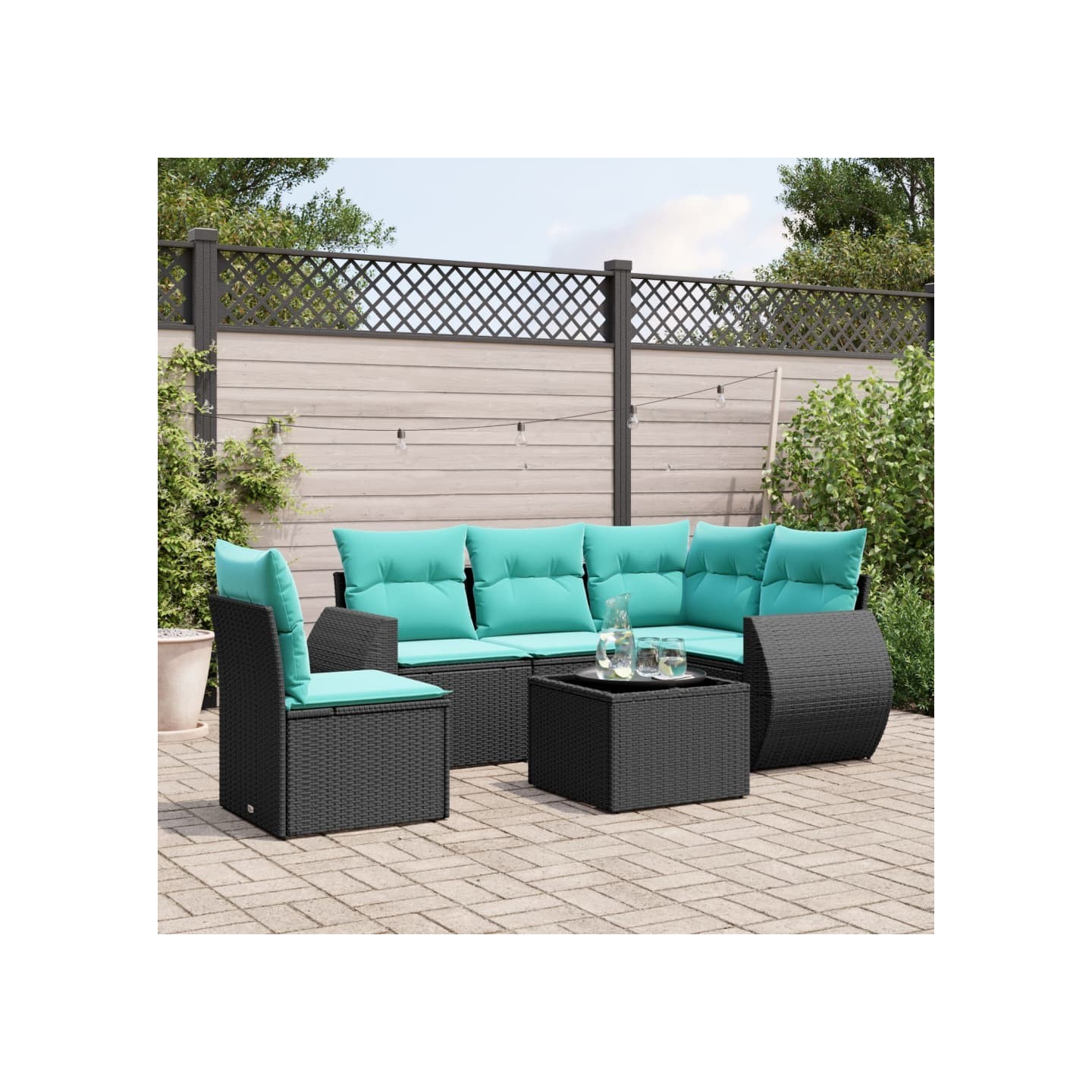 Ensemble de canapé de jardin 6 pcs avec coussins noir résine tressée