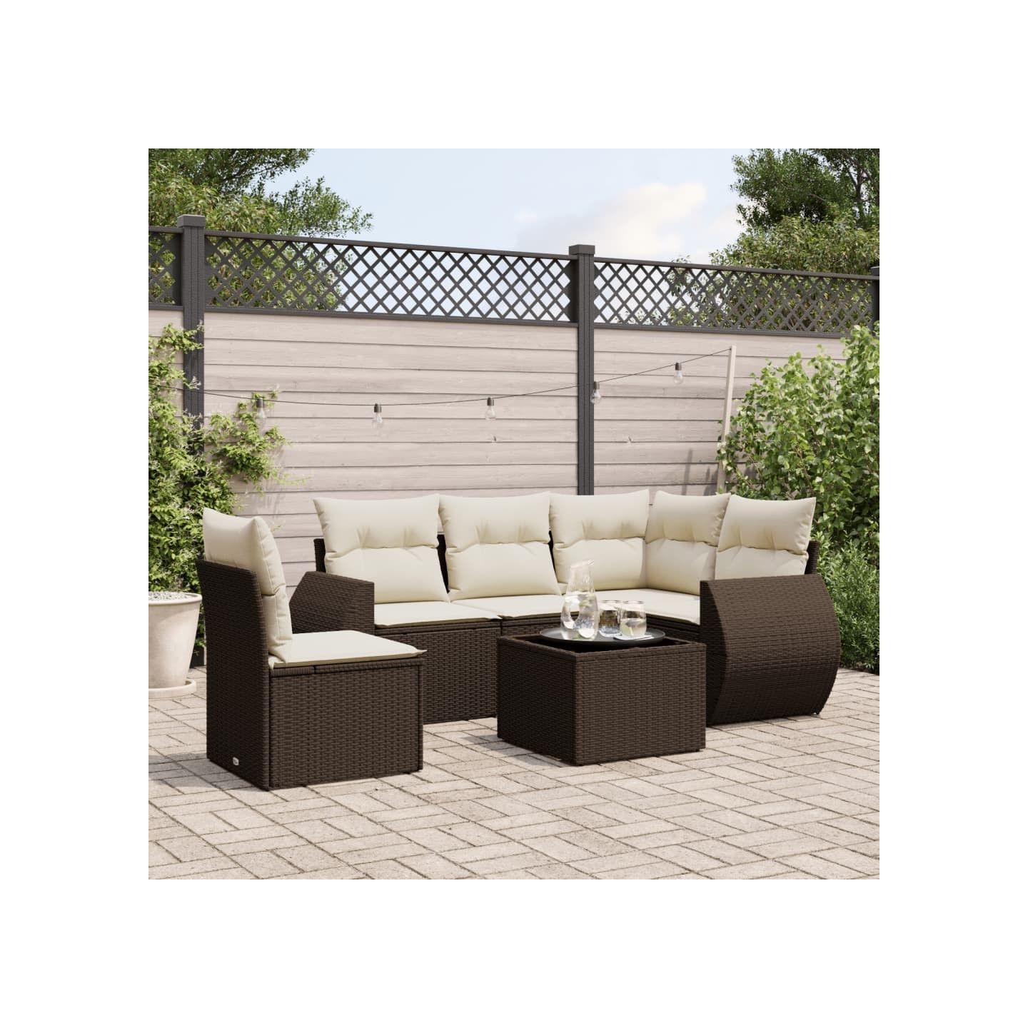 Salon de jardin avec coussins 6 pcs marron résine tressée