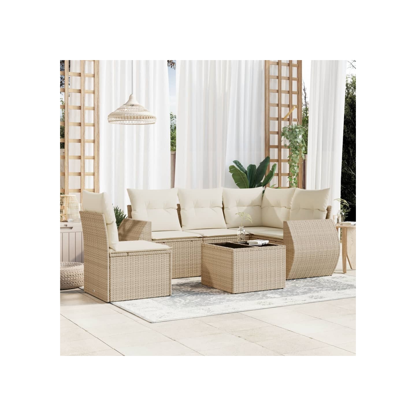 Salon de jardin avec coussins 6 pcs beige résine tressée