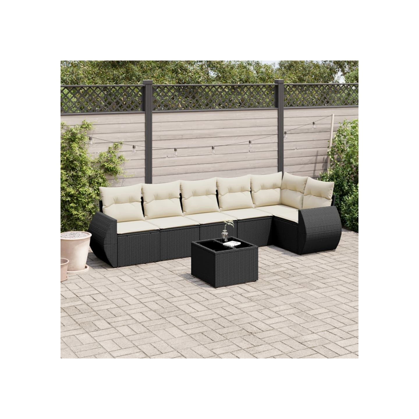 Salon de jardin 7 pcs avec coussins noir résine tressée