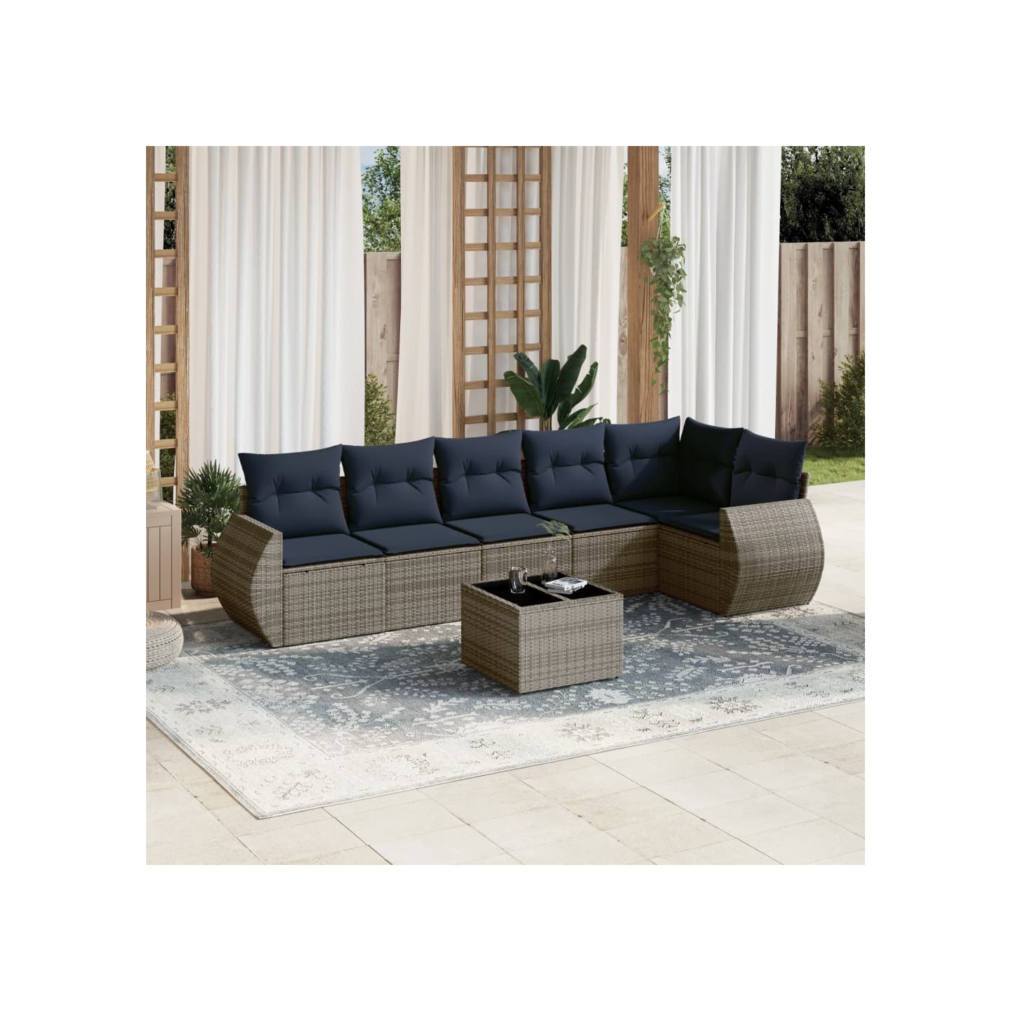 Ensemble de canapé de jardin 7 pcs avec coussins gris résine tressée