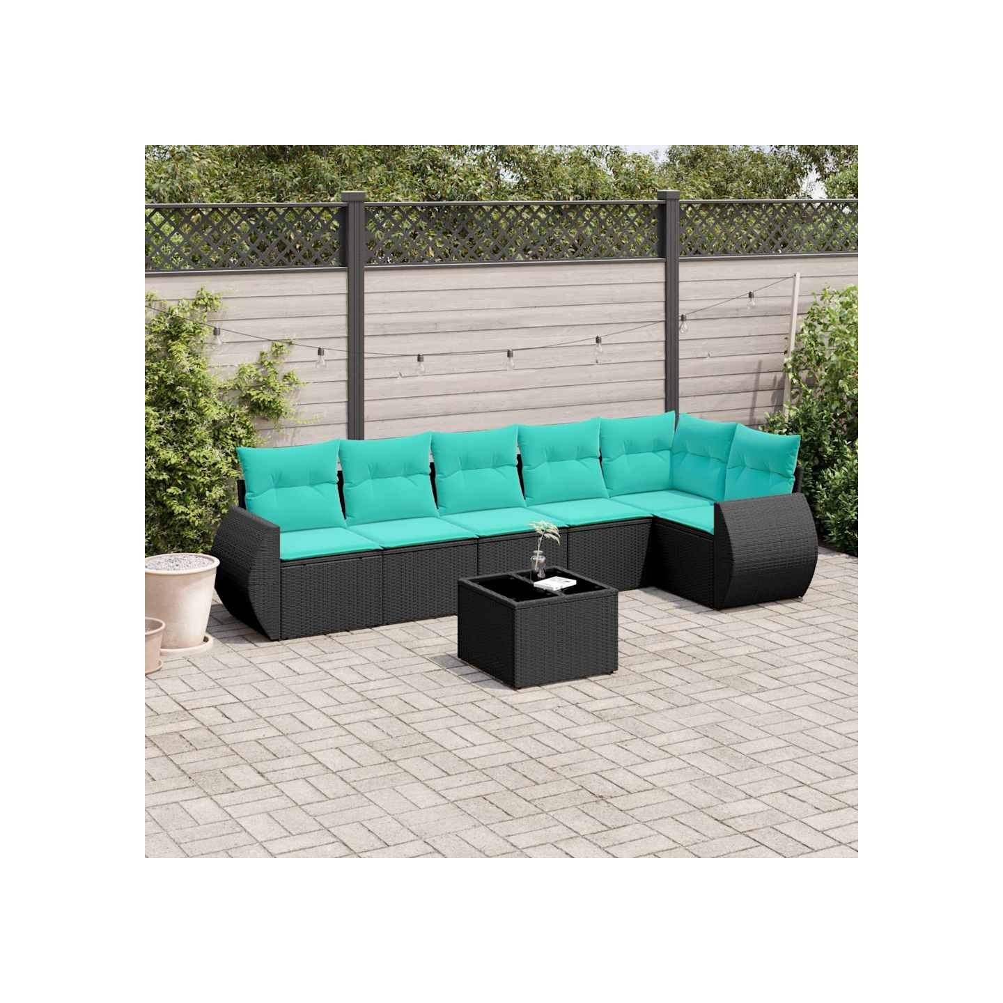 Ensemble de canapé de jardin 7 pcs avec coussins noir résine tressée