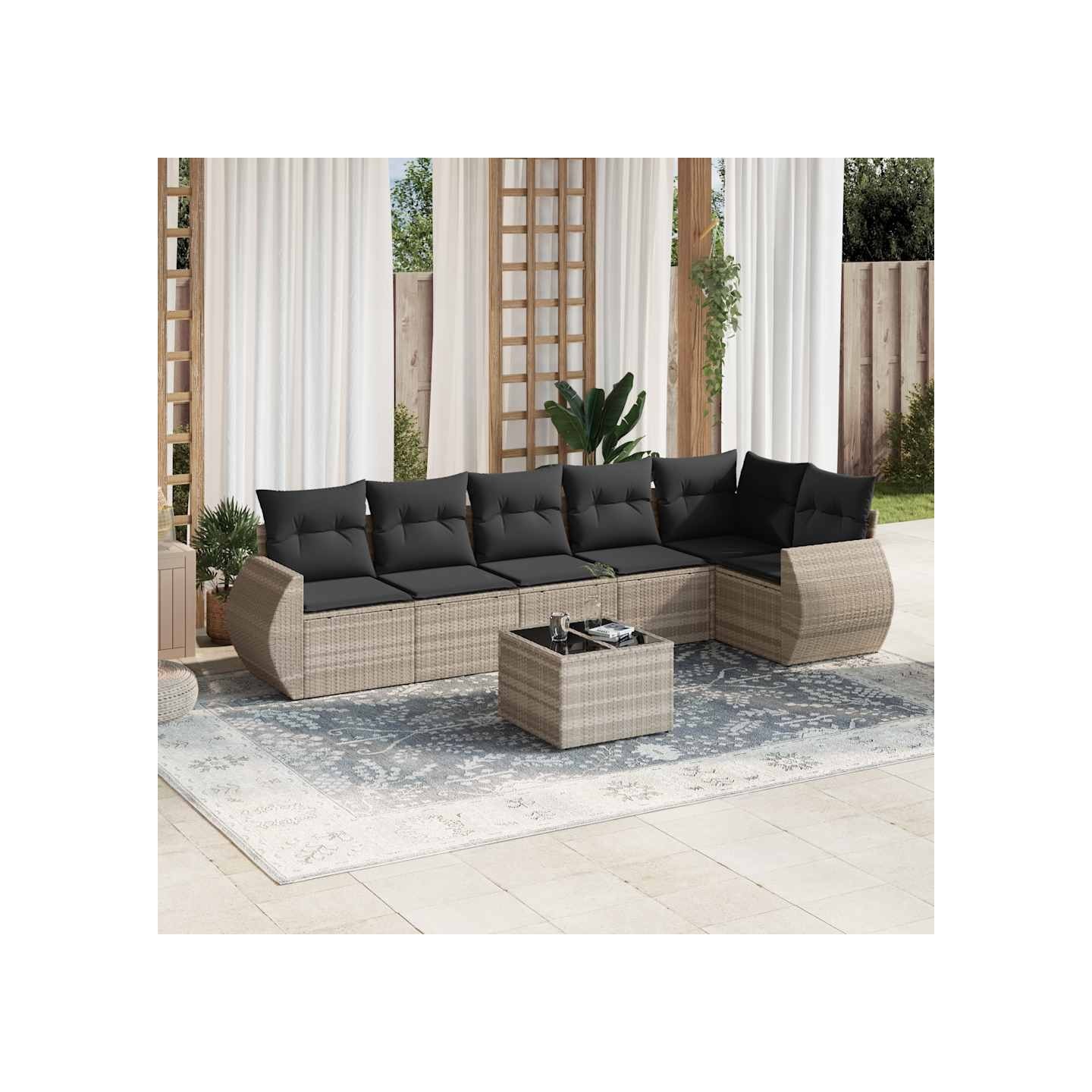Salon de jardin avec coussins 7 pcs gris clair résine tressée