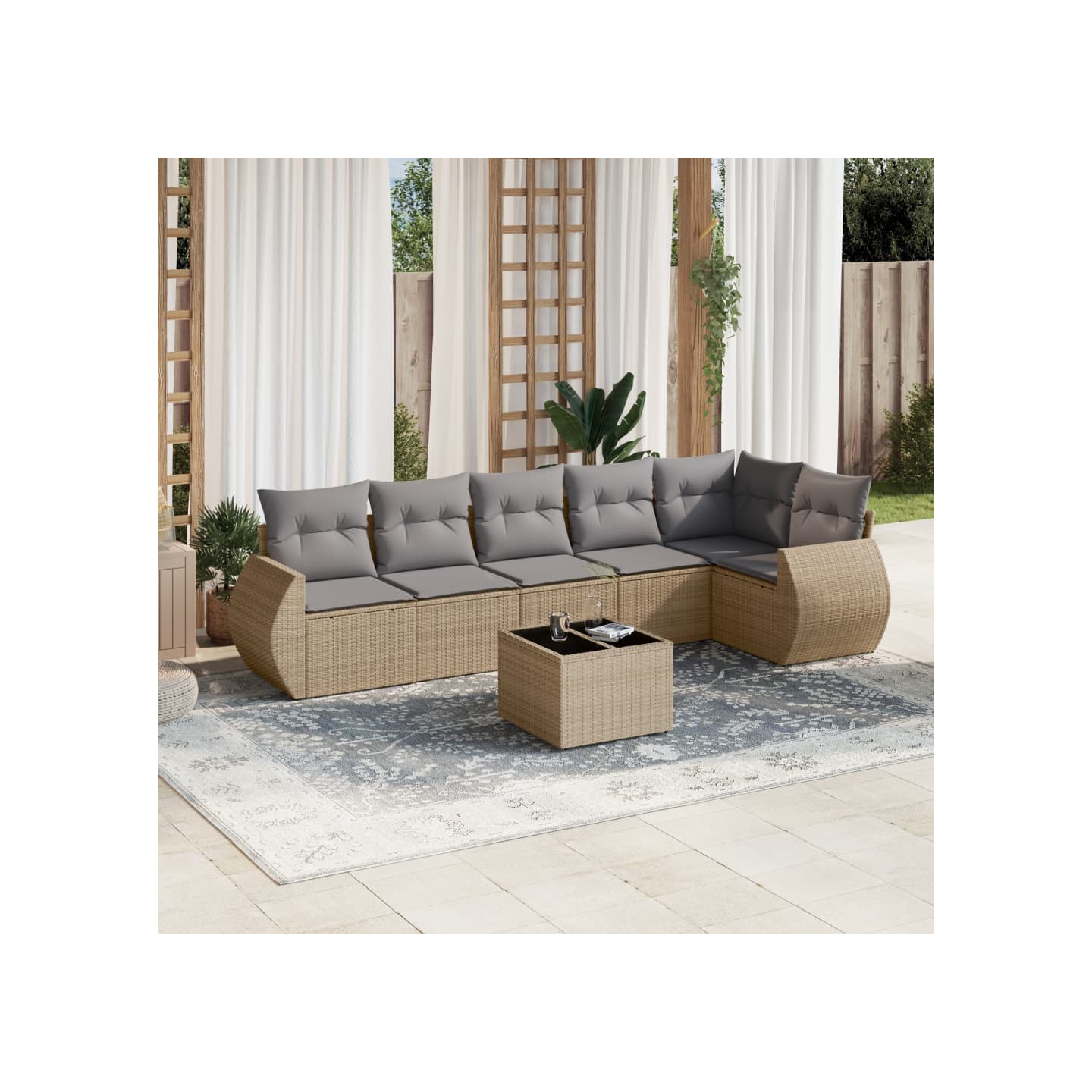 Salon de jardin avec coussins 7 pcs beige résine tressée
