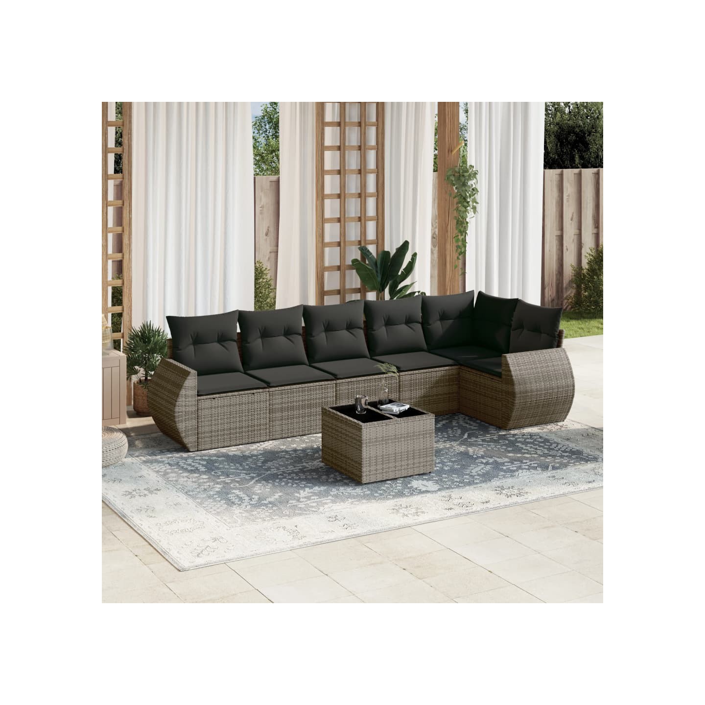Salon de jardin avec coussins 7 pcs gris résine tressée