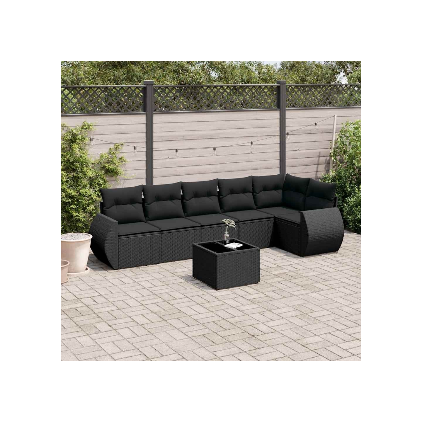 Salon de jardin 7 pcs avec coussins noir résine tressée
