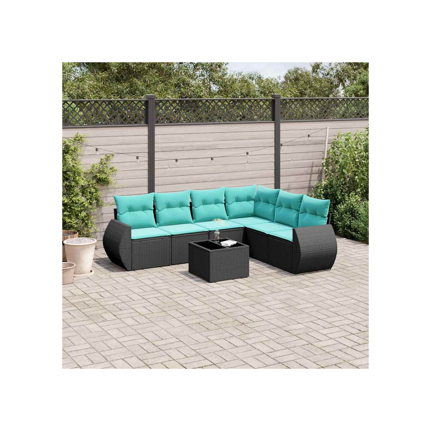 Ensemble de canapé de jardin 7 pcs avec coussins noir résine tressée