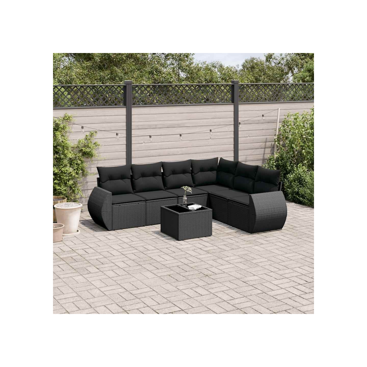 Salon de jardin 7 pcs avec coussins noir résine tressée