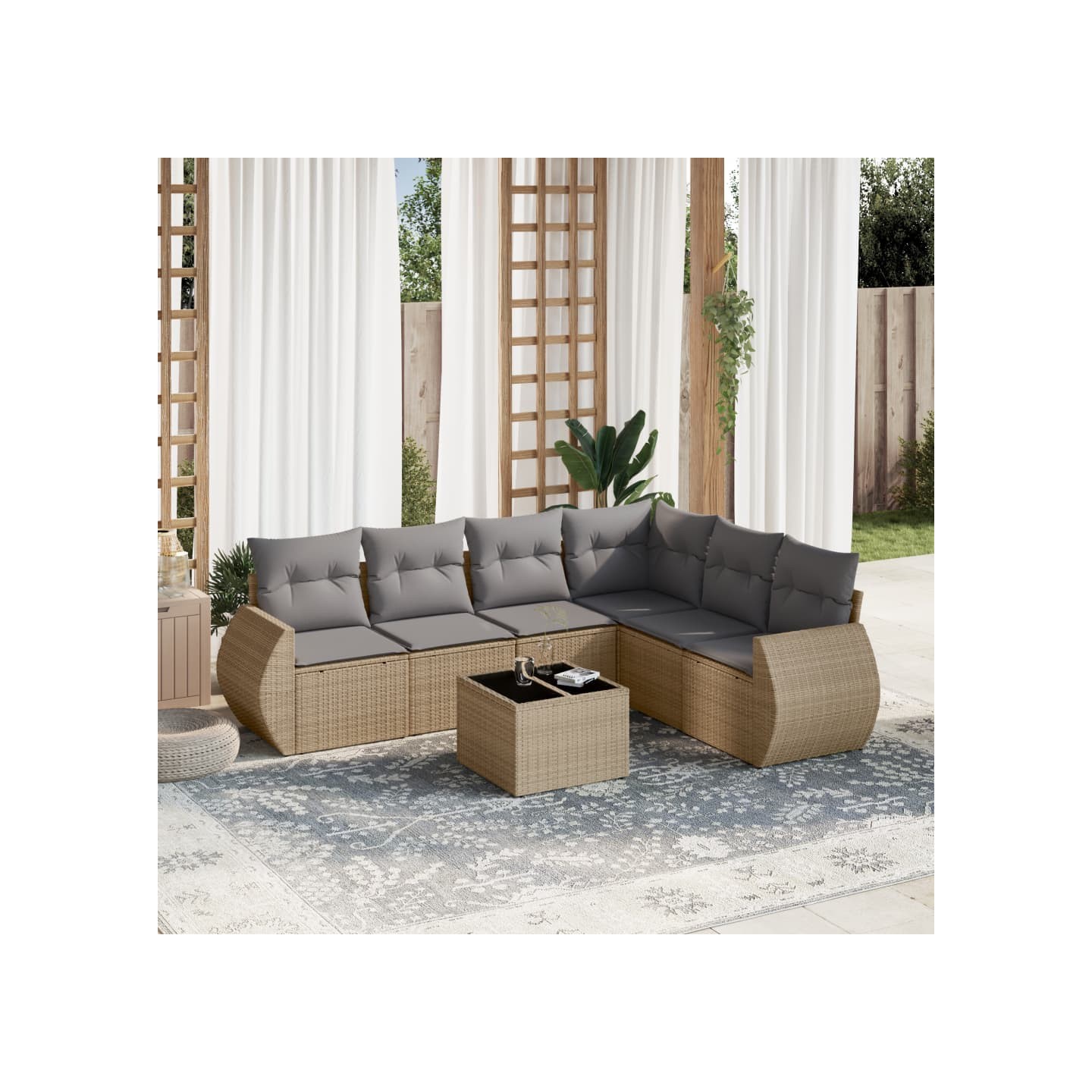 Salon de jardin avec coussins 7 pcs beige résine tressée