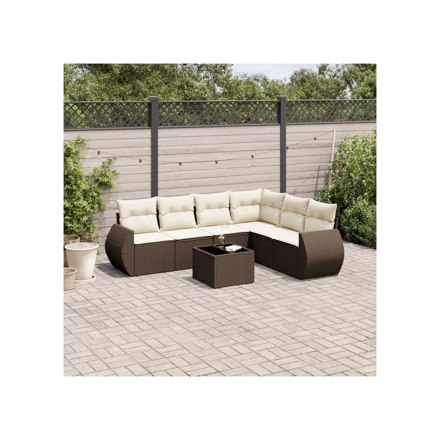 Salon de jardin avec coussins 7 pcs marron résine tressée