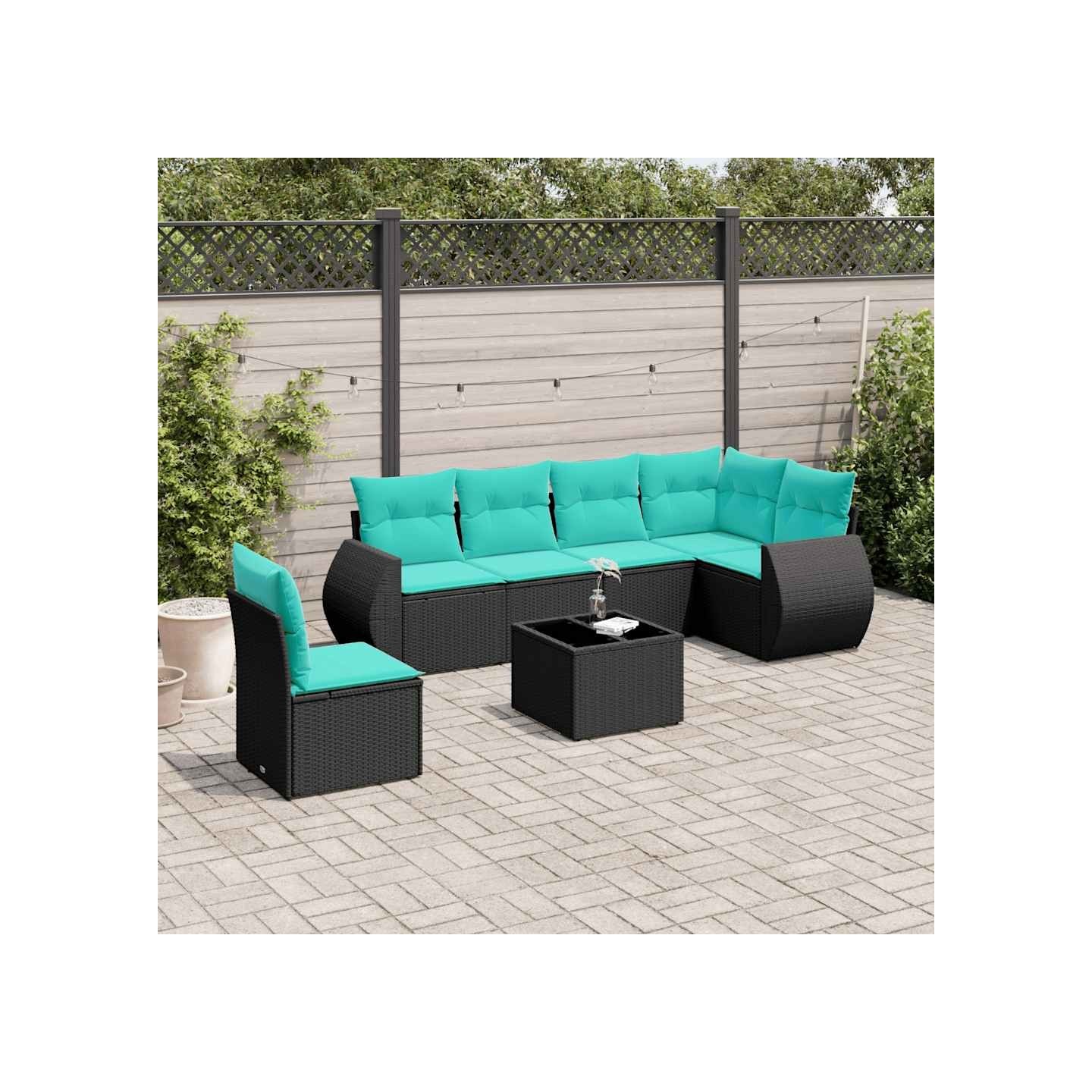 Ensemble de canapé de jardin 7 pcs avec coussins noir résine tressée